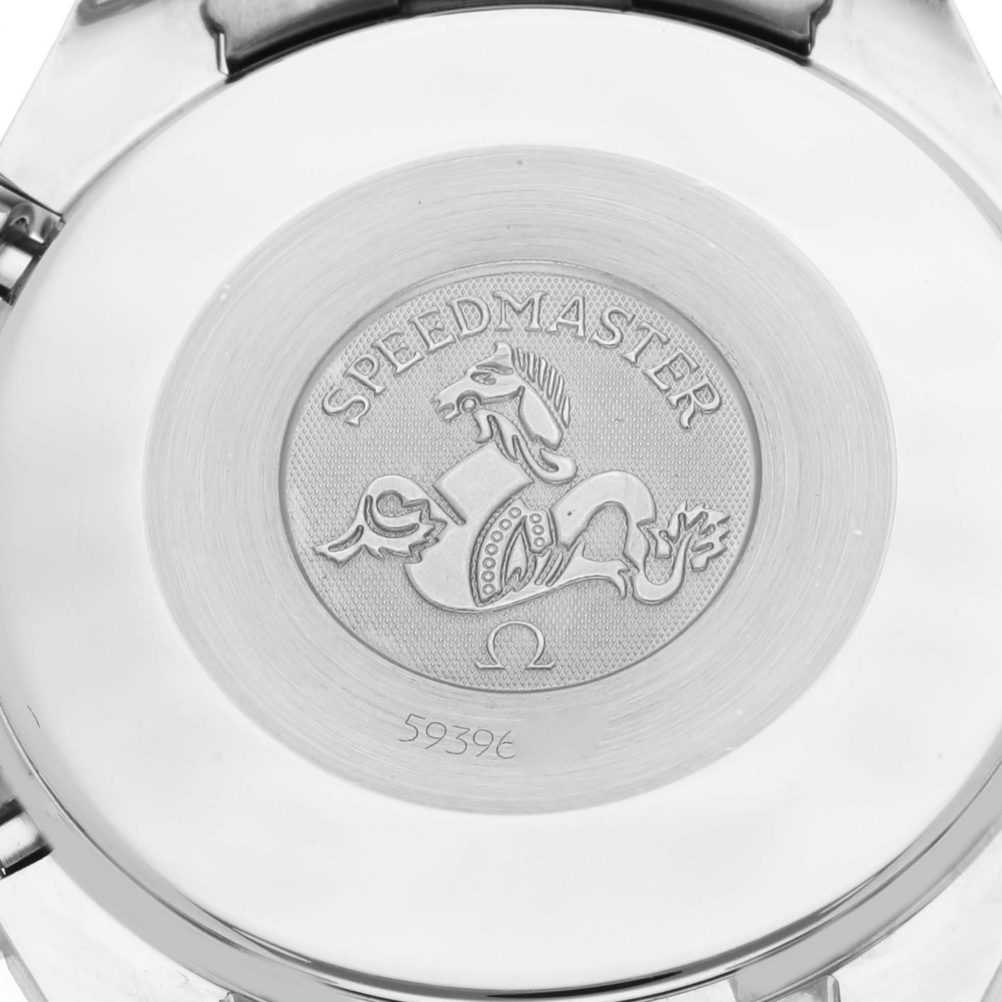 This image shows the back case of the Omega Speedmaster 3510.50.00 Men's Stainless Steel Black Dial 3510.50.00 Men's Stainless Steel Black Dial watch.