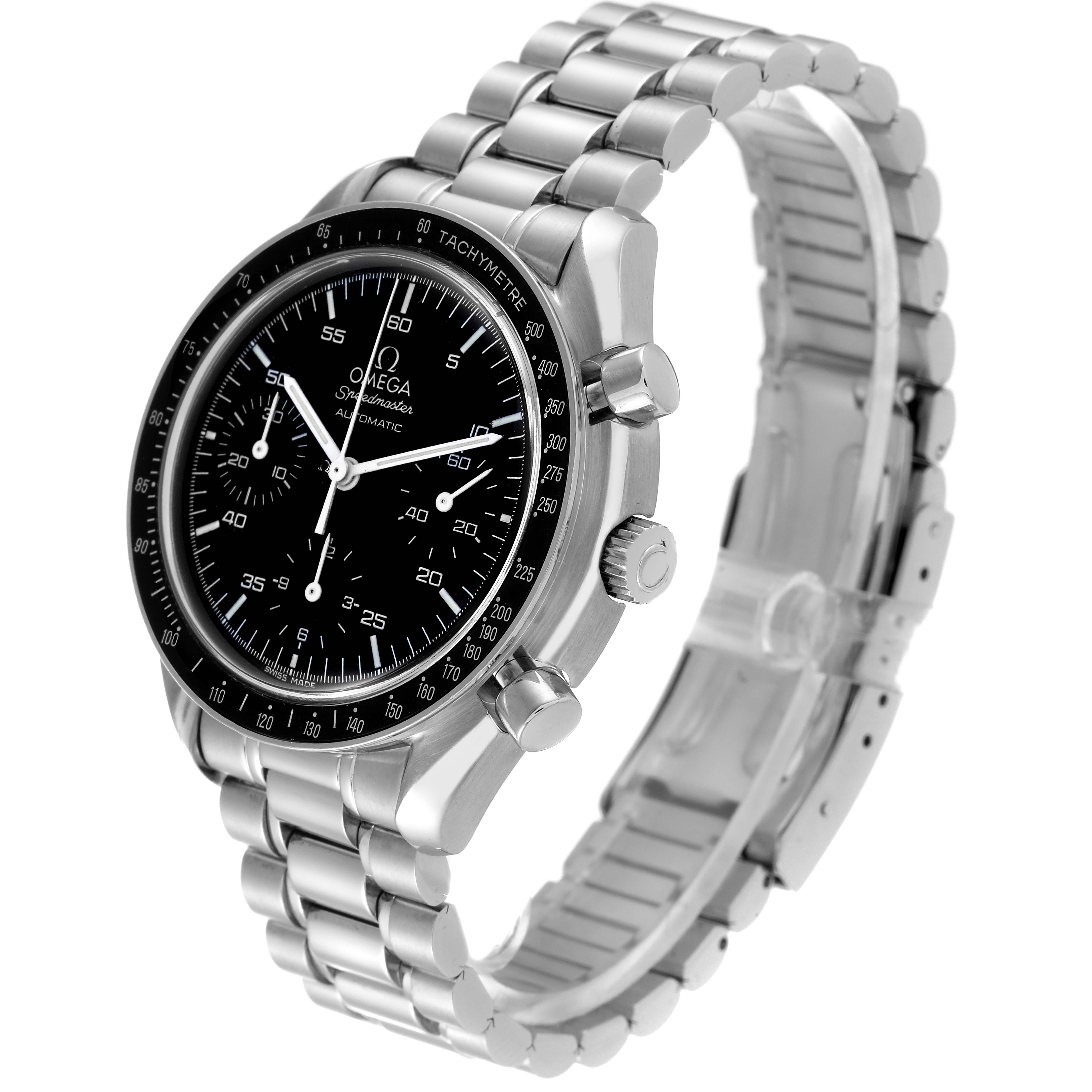 This image shows an angled view of the Omega Speedmaster 3510.50.00 Men's Stainless Steel Black Dial 3510.50.00 Men's Stainless Steel Black Dial watch, highlighting the face, dial, crown, pushers, and metal bracelet.