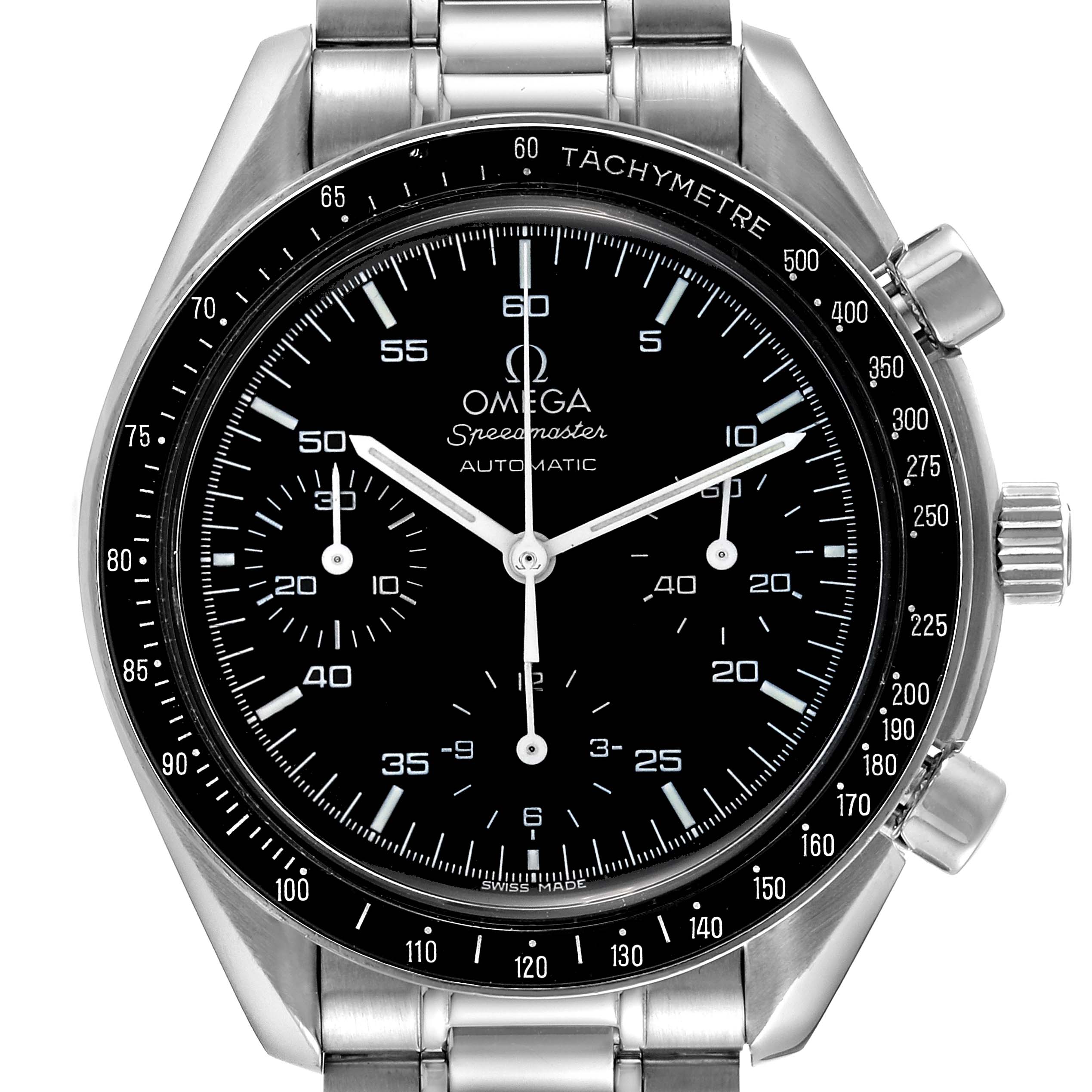 The image shows a front view of an Omega Speedmaster 3510.50.00 Men's Stainless Steel Black Dial 3510.50.00 Men's Stainless Steel Black Dial watch displaying the dial, tachymeter bezel, and stainless steel bracelet.