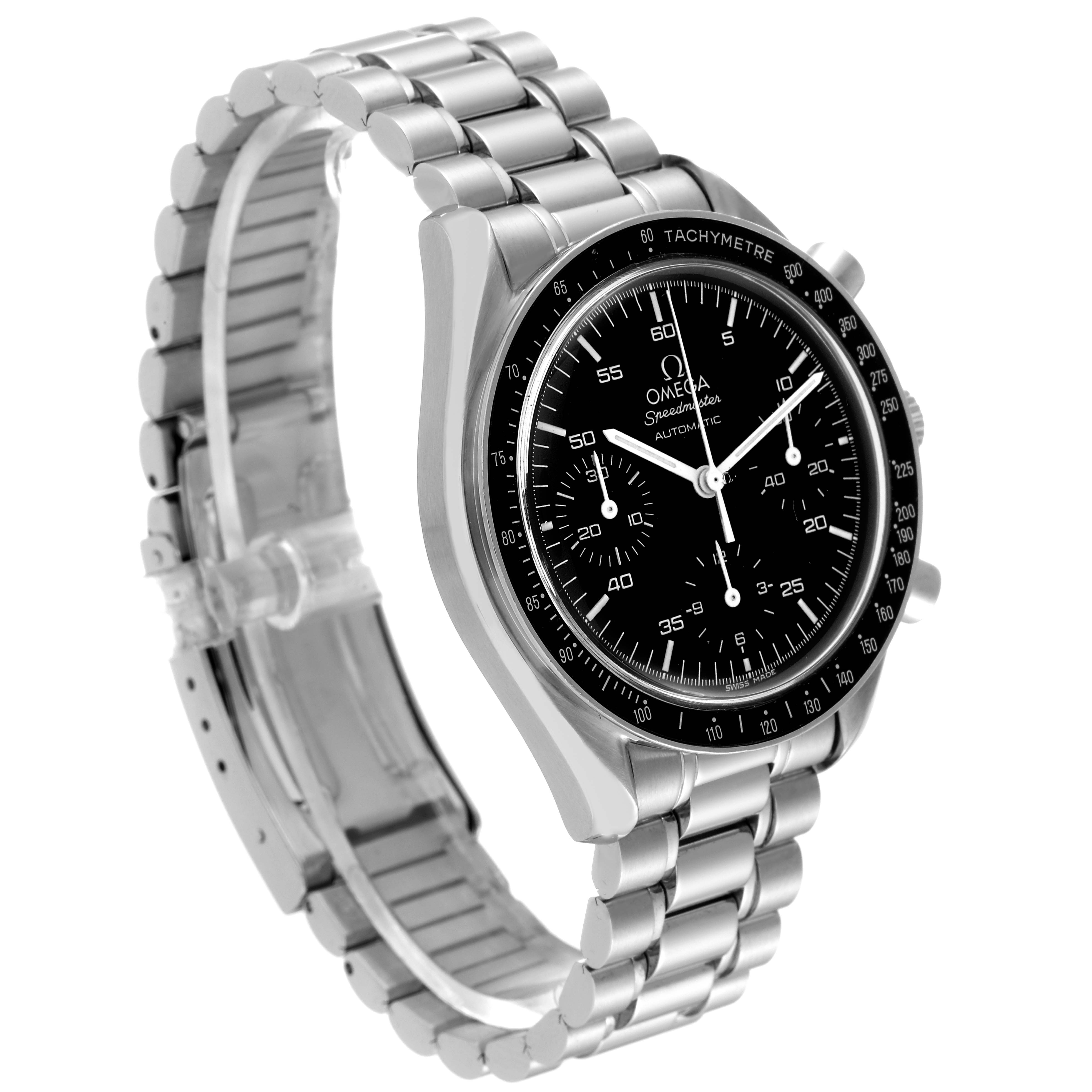 The image shows an Omega Speedmaster 3510.50.00 Men's Stainless Steel Black Dial 3510.50.00 Men's Stainless Steel Black Dial watch from a three-quarter angle displaying the face, bezel, and stainless steel bracelet.