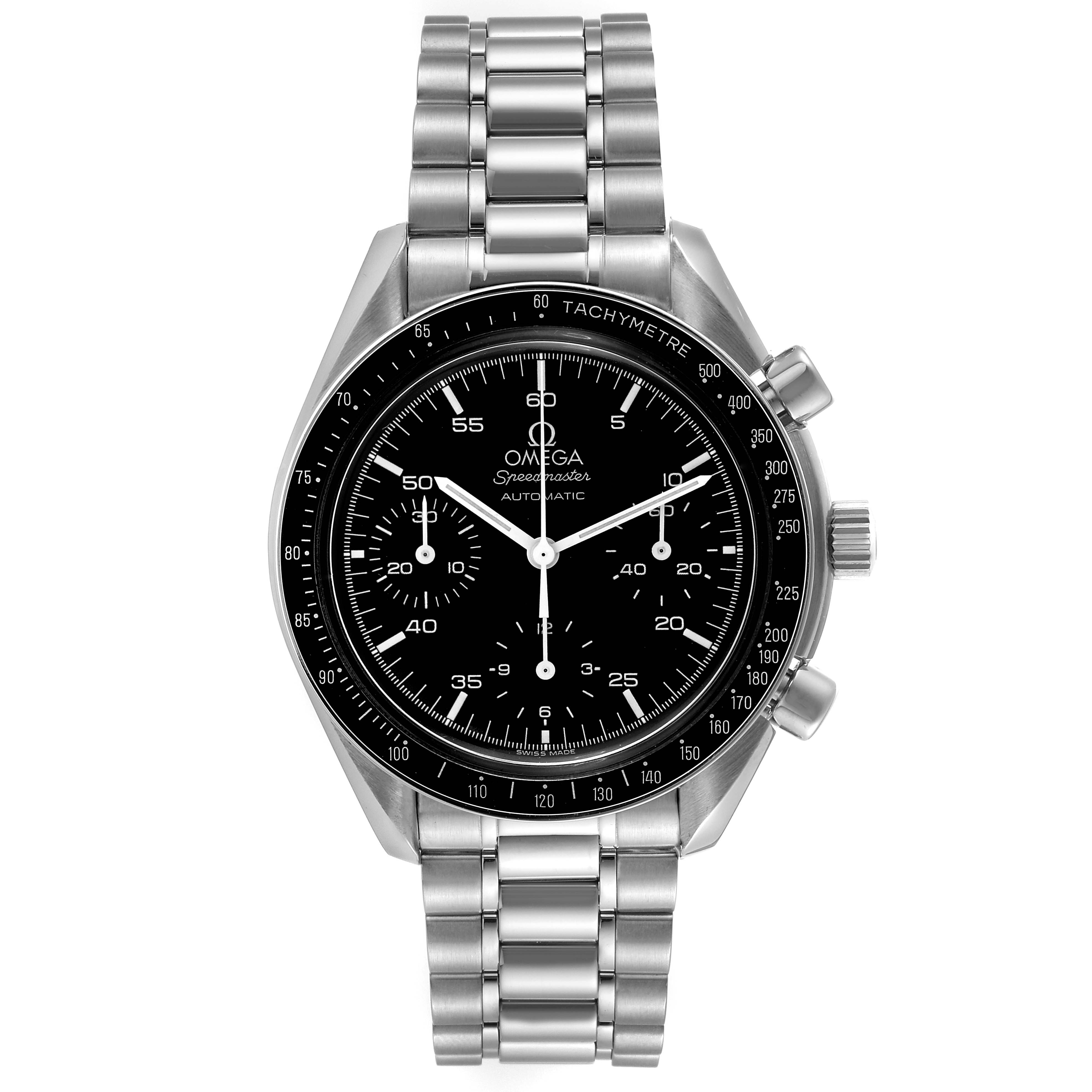 The image shows a frontal view of the Omega Speedmaster 3510.50.00 Men's Stainless Steel Black Dial 3510.50.00 Men's Stainless Steel Black Dial watch, highlighting the dial, bezel, and bracelet.