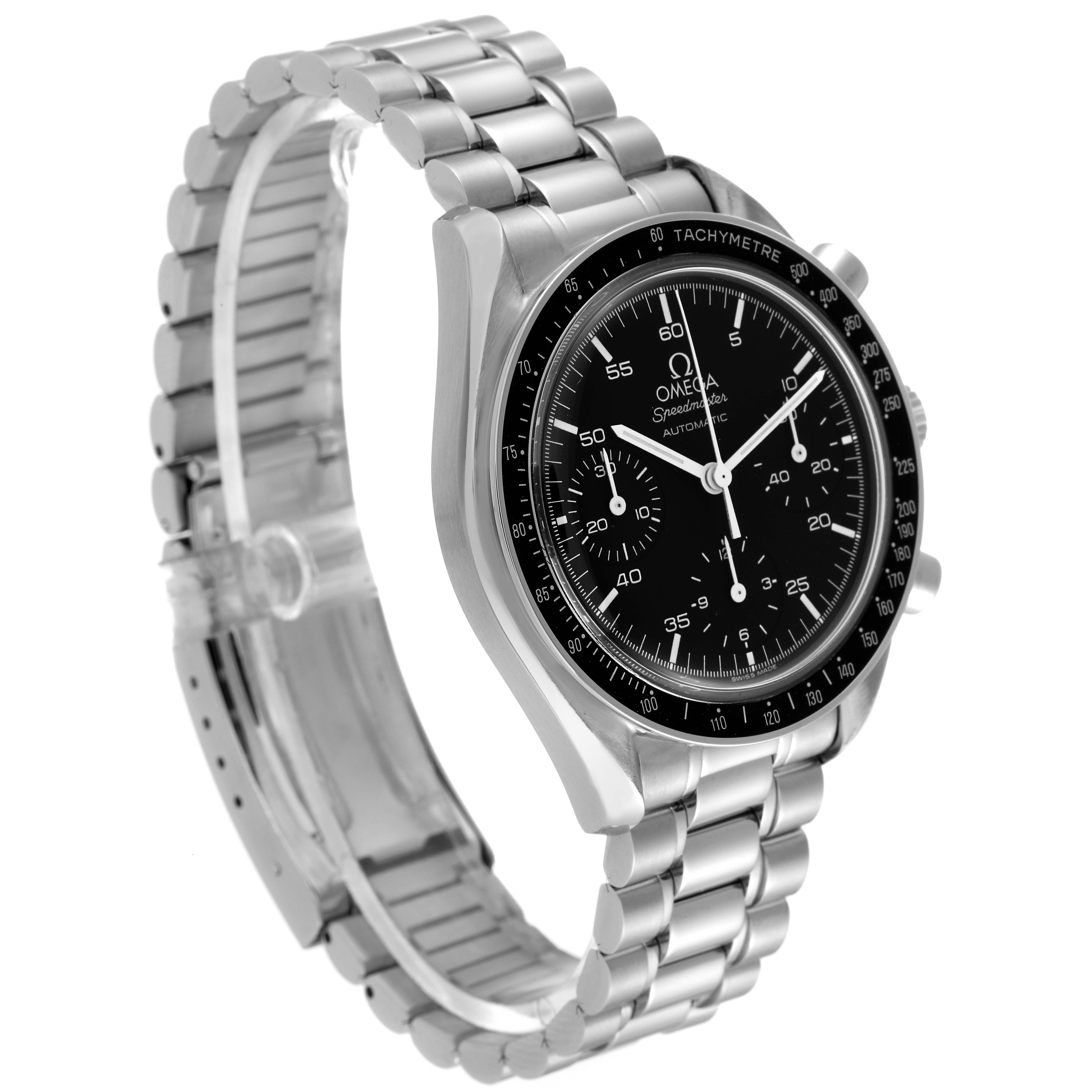 This image shows the Omega Speedmaster 3510.50.00 Men's Stainless Steel Black Dial 3510.50.00 Men's Stainless Steel Black Dial watch at an oblique angle, highlighting its face, bezel, and metal bracelet.
