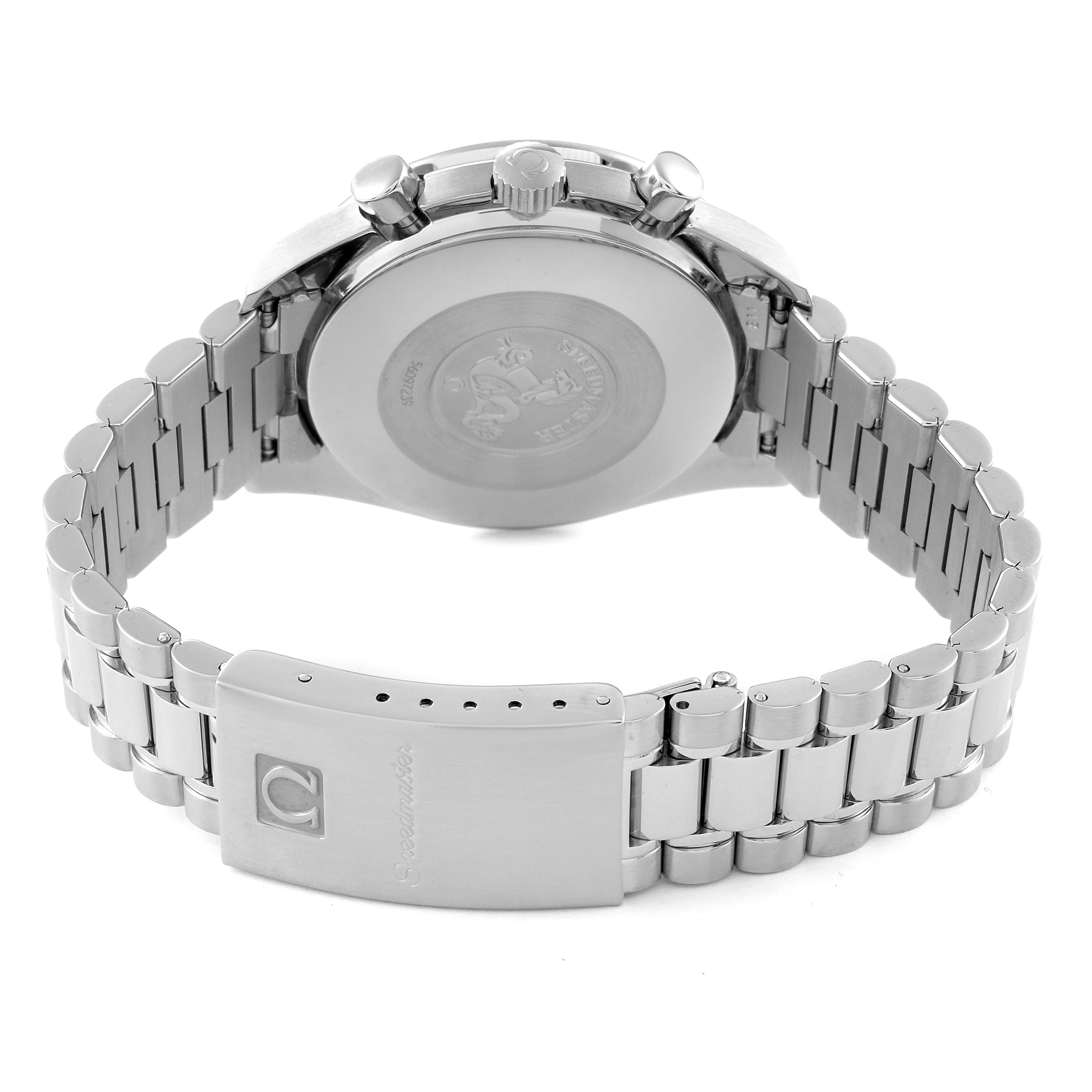 The image shows the back and bracelet of the Omega Speedmaster 3510.50.00 Men's Stainless Steel Black Dial 3510.50.00 Men's Stainless Steel Black Dial watch from a rear angle, focusing on the clasp and caseback.