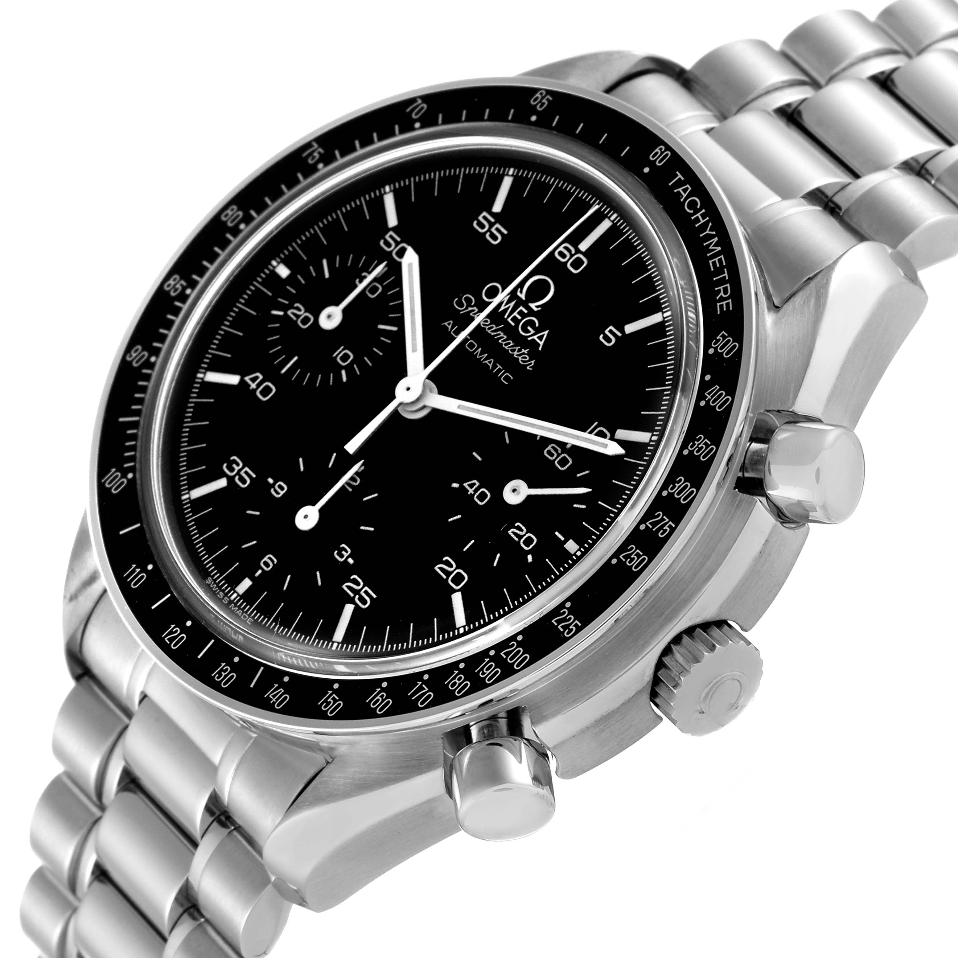 This is a close-up angled view of an Omega Speedmaster 3510.50.00 Men's Stainless Steel Black Dial 3510.50.00 Men's Stainless Steel Black Dial watch, showing the dial, chronograph subdials, and stainless steel bracelet.