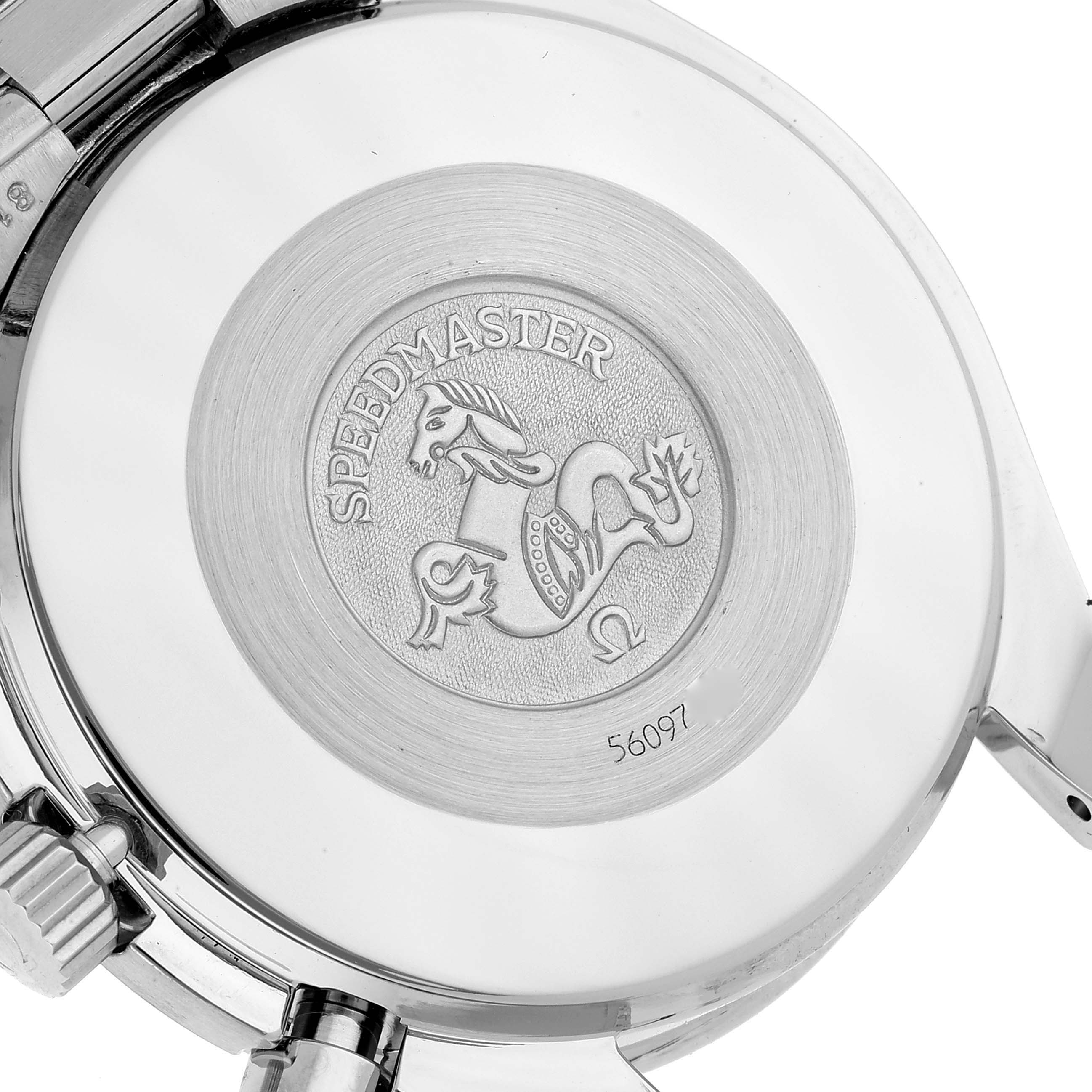 The image shows the back case of an Omega Speedmaster 3510.50.00 Men's Stainless Steel Black Dial 3510.50.00 Men's Stainless Steel Black Dial watch, featuring the engraved logo and model details.