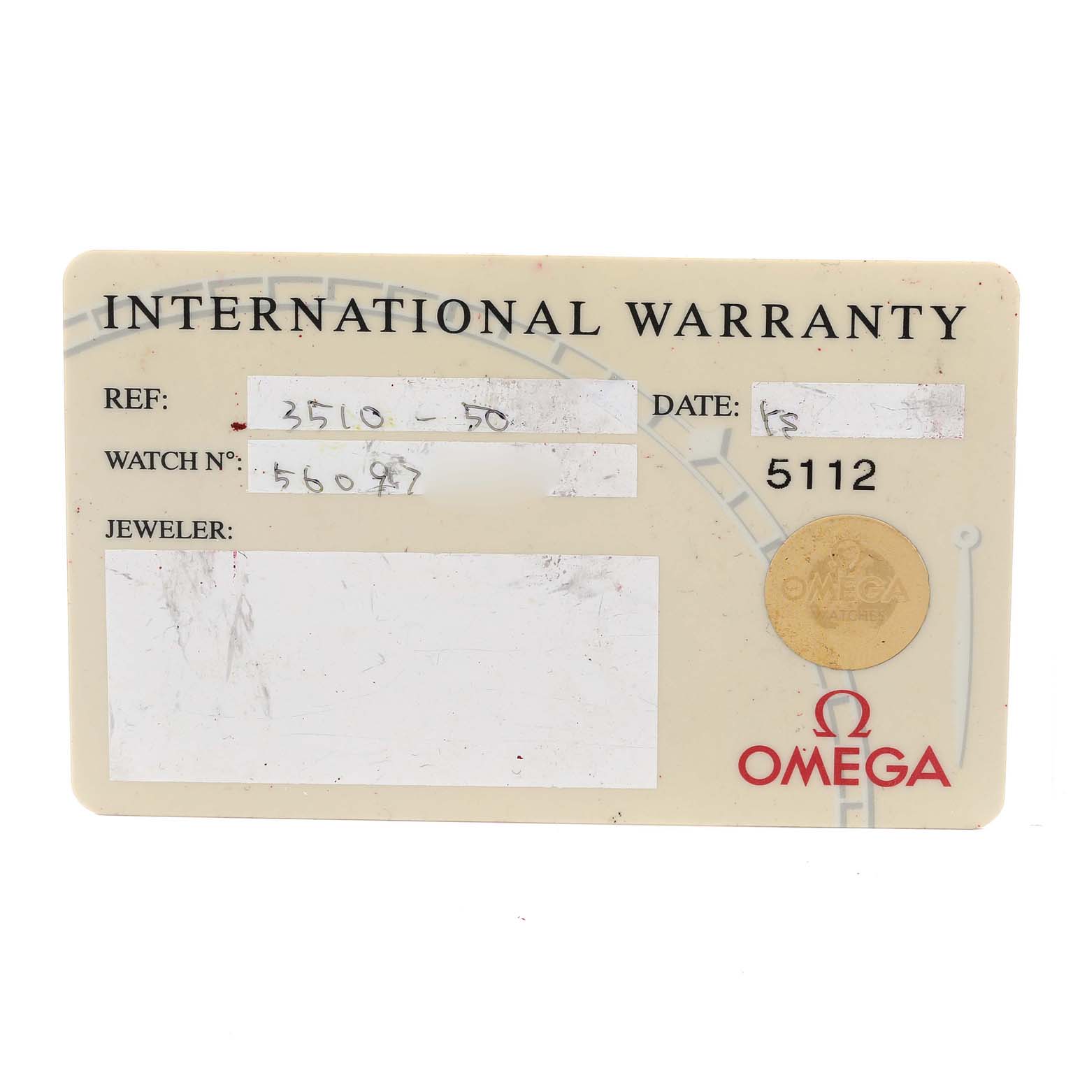 This image shows an international warranty card for the Omega Speedmaster 3510.50.00 Men's Stainless Steel Black Dial 3510.50.00 Men's Stainless Steel Black Dial model.