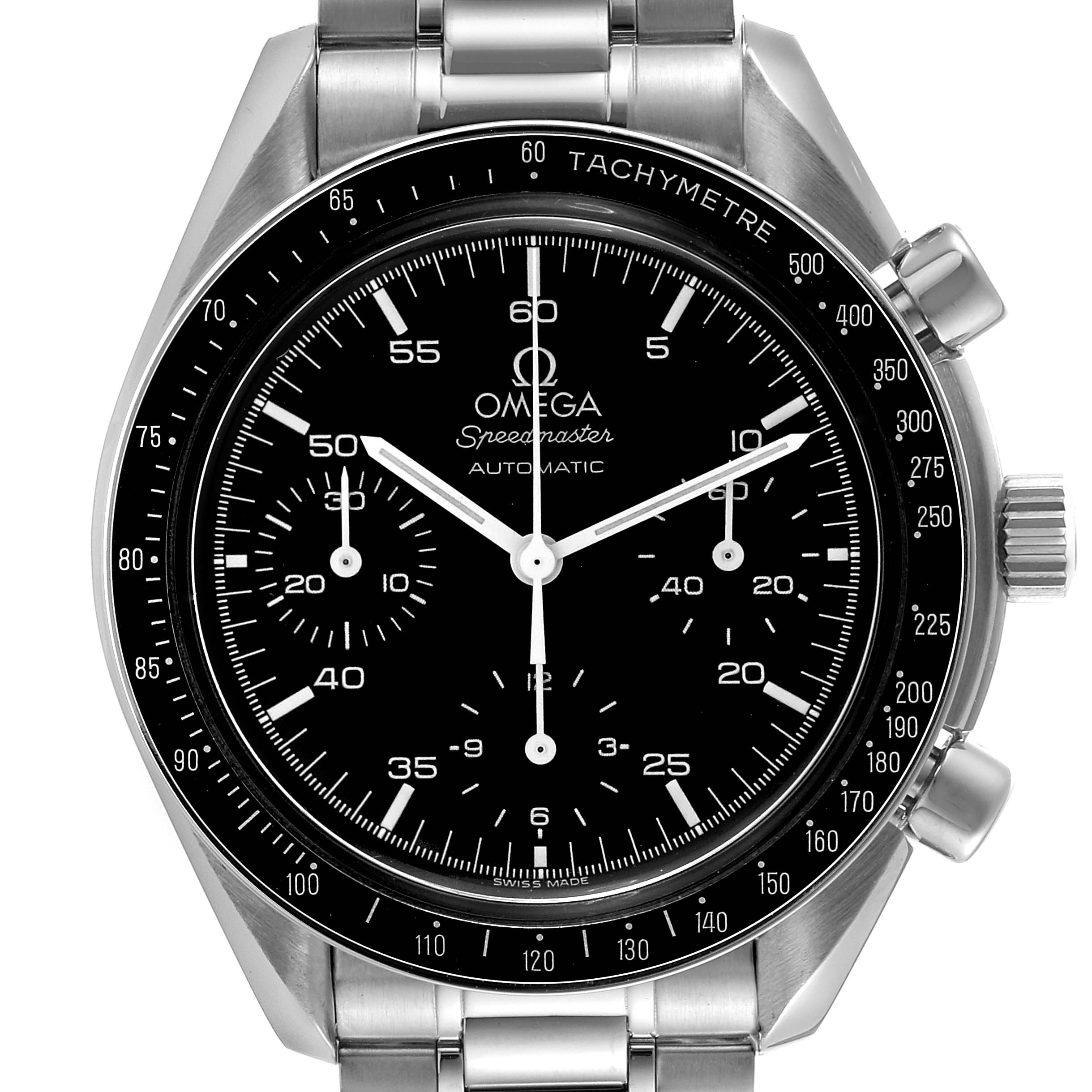 The image shows a front view of the Omega Speedmaster 3510.50.00 Men's Stainless Steel Black Dial 3510.50.00 Men's Stainless Steel Black Dial watch, highlighting its dial, bezel, and stainless steel bracelet.