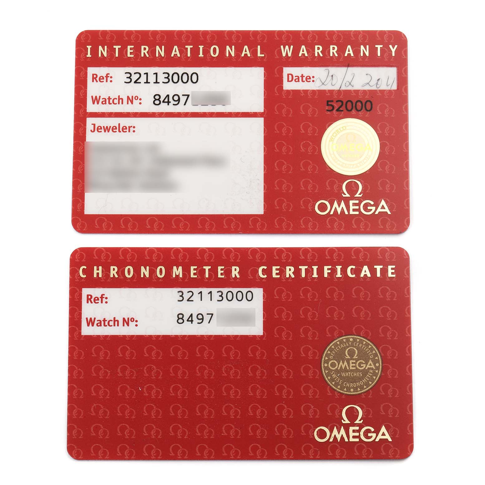 The image shows the International Warranty and Chronometer Certificate cards for the Omega Speedmaster 3211.30.00 Men's Stainless Steel Silver Dial 3211.30.00 Men's Stainless Steel Silver Dial watch model.