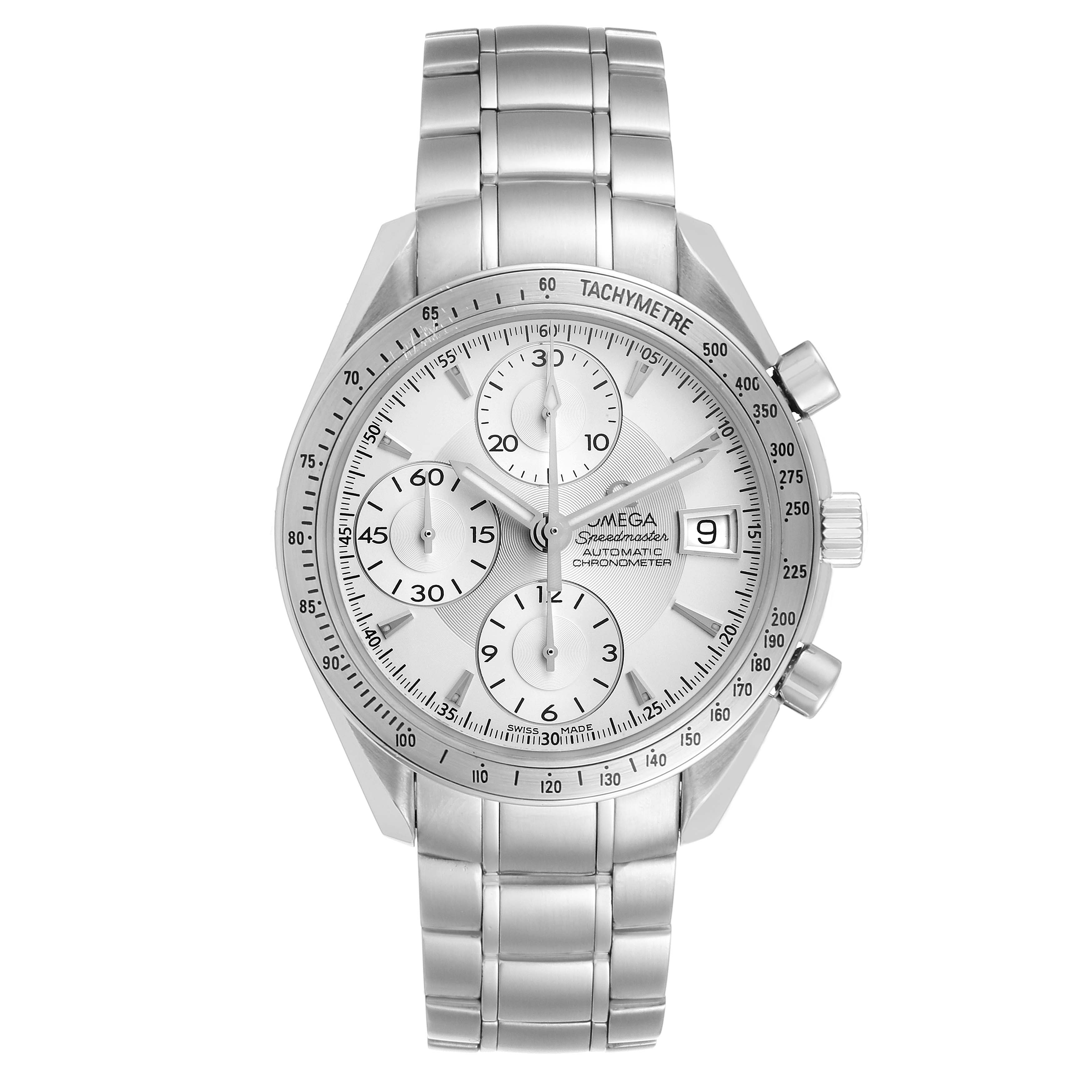 The Omega Speedmaster 3211.30.00 Men's Stainless Steel Silver Dial 3211.30.00 Men's Stainless Steel Silver Dial watch is shown from a straight-on angle, displaying its dial, tachymeter bezel, and stainless steel bracelet.