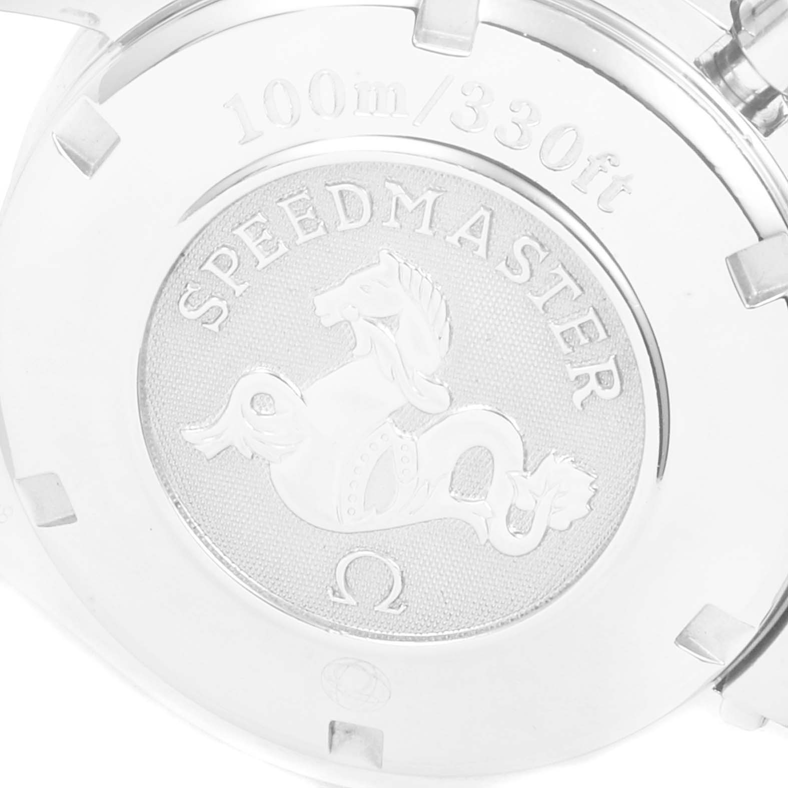 The image shows the case back of an Omega Speedmaster 3211.30.00 Men's Stainless Steel Silver Dial 3211.30.00 Men's Stainless Steel Silver Dial watch, highlighting the engraved logo and water resistance rating.