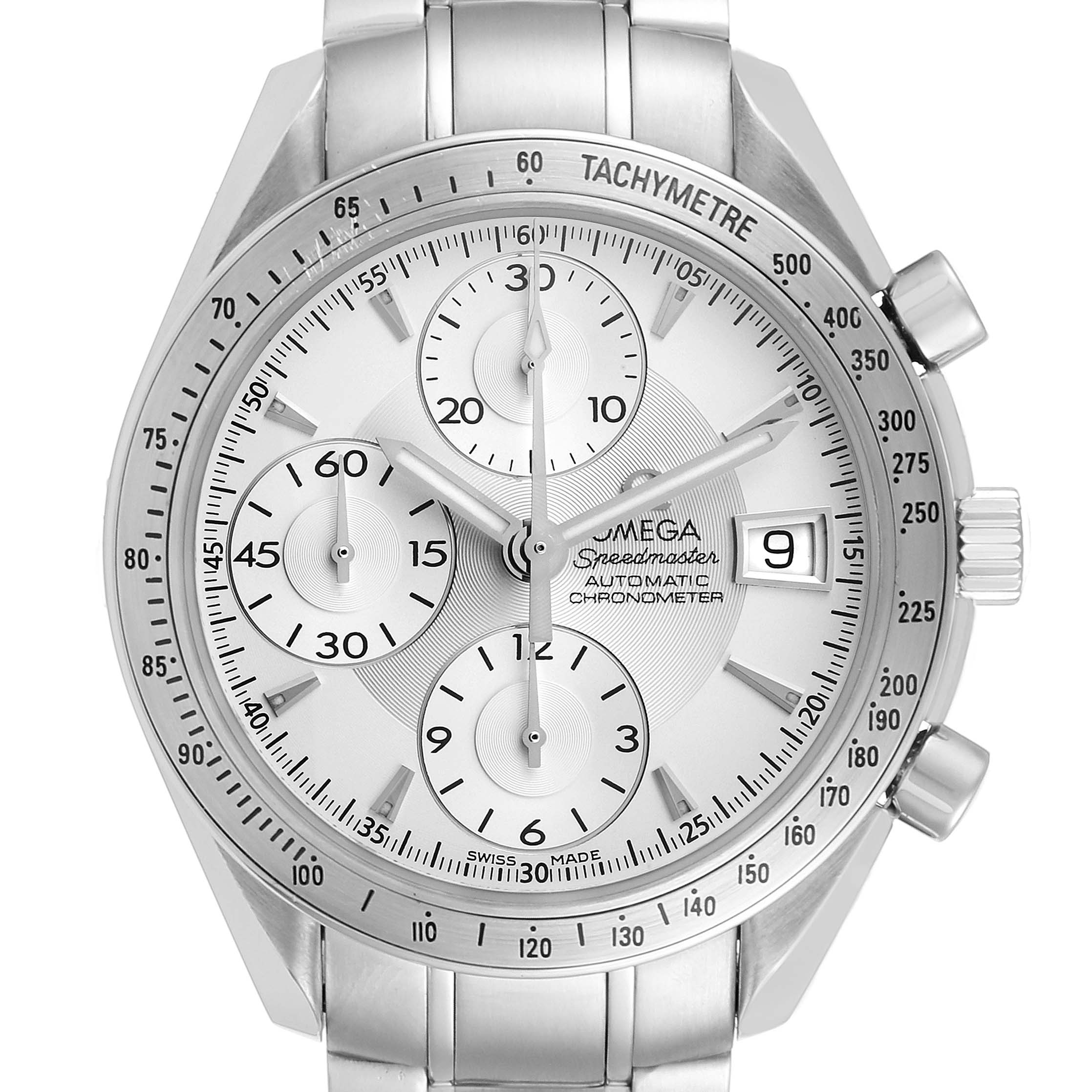 This image shows a frontal view of an Omega Speedmaster 3211.30.00 Men's Stainless Steel Silver Dial 3211.30.00 Men's Stainless Steel Silver Dial watch, displaying its dial, sub-dials, and tachymeter.