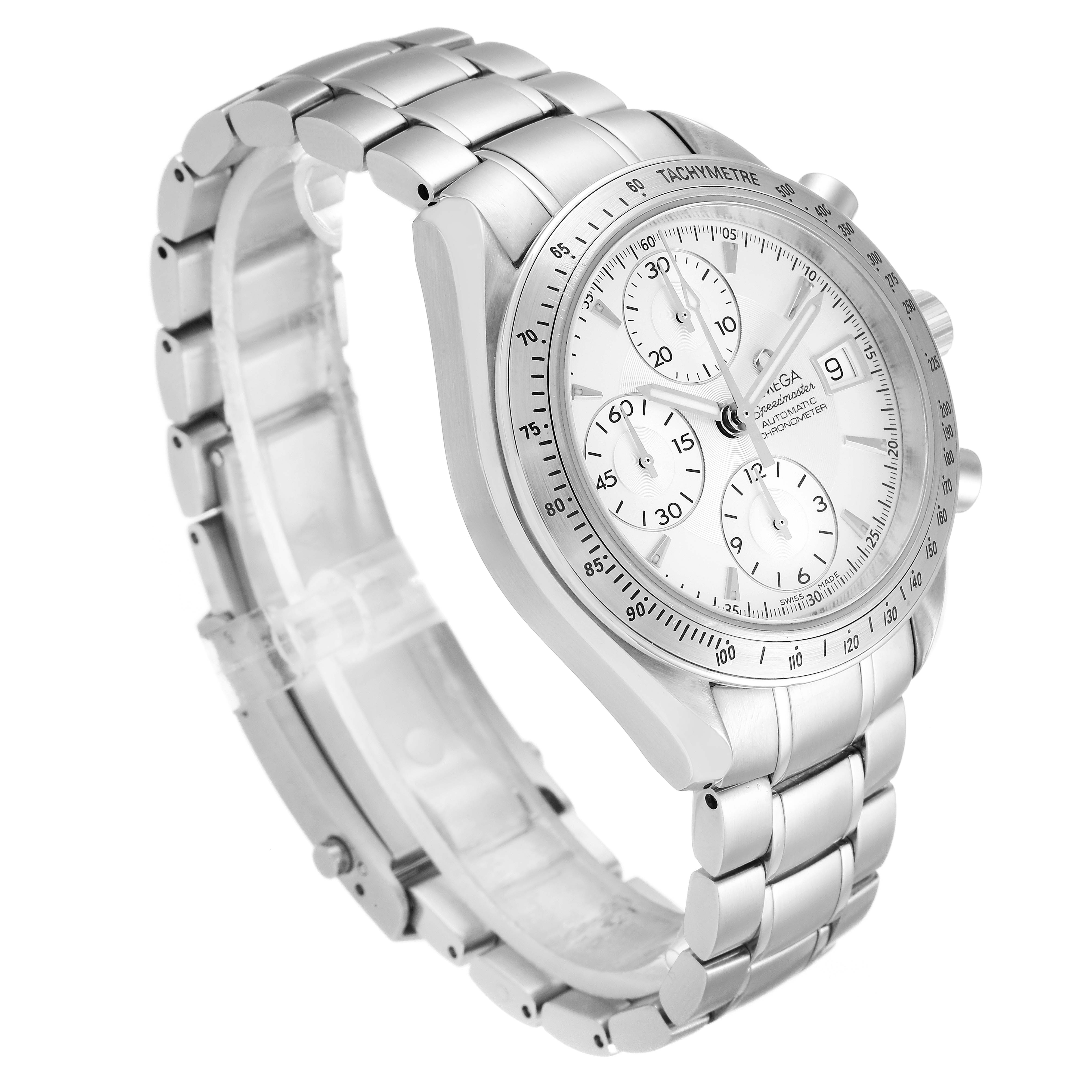 The image shows a side-angle view of an Omega Speedmaster 3211.30.00 Men's Stainless Steel Silver Dial 3211.30.00 Men's Stainless Steel Silver Dial watch, highlighting its silver bracelet, tachymeter bezel, and chronograph dials.