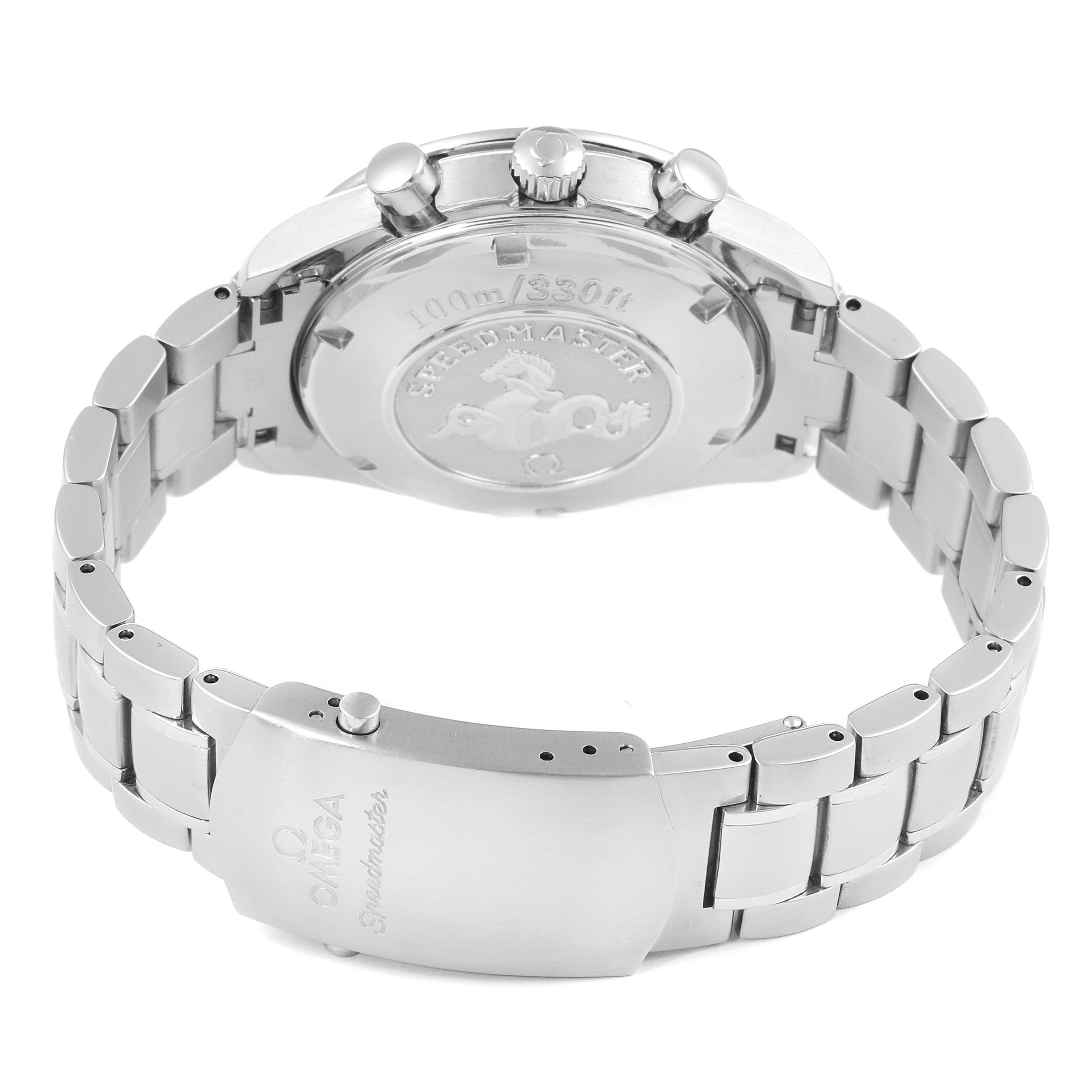 The image shows the back case and bracelet of an Omega Speedmaster 3211.30.00 Men's Stainless Steel Silver Dial 3211.30.00 Men's Stainless Steel Silver Dial watch, highlighting the clasp and engraved case back.
