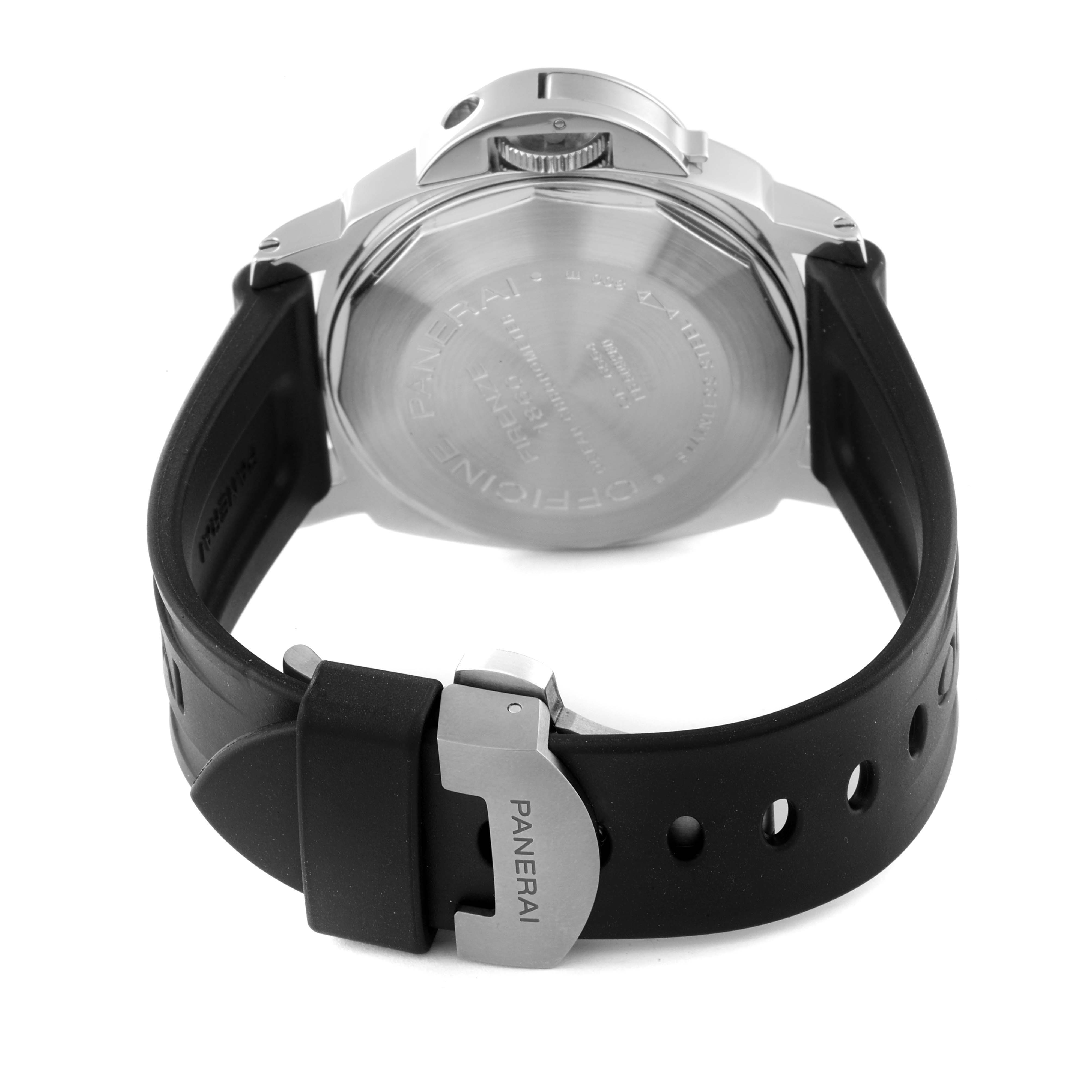 The image shows the back view of a Panerai Luminor PAM00088 Men
s Stainless Steel Black Dial PAM00088 Men
s Stainless Steel Black Dial watch, highlighting the case back and rubber strap with a Panerai-branded buckle.