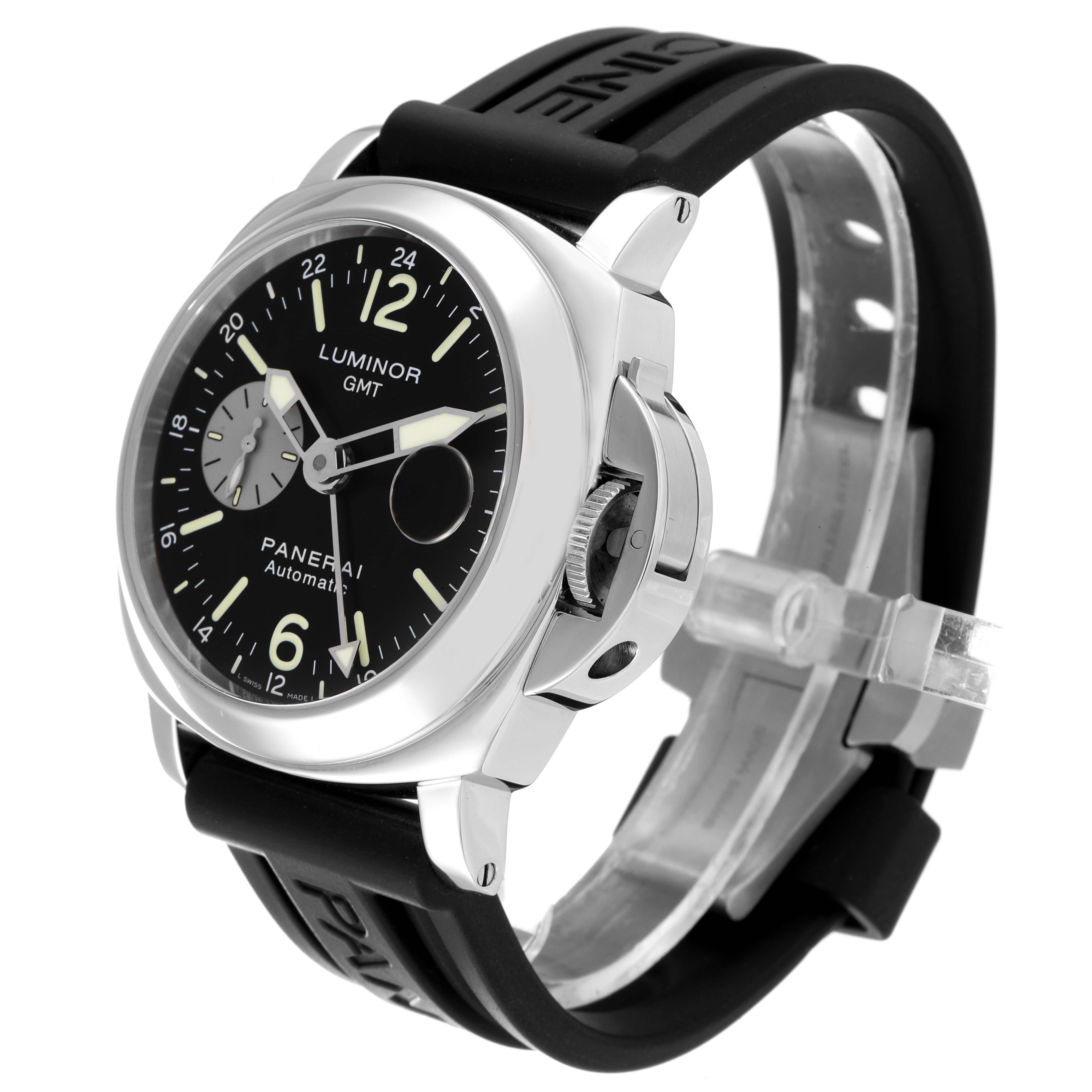 The image shows a Panerai Luminor PAM00088 Men
s Stainless Steel Black Dial PAM00088 Men
s Stainless Steel Black Dial watch from a side angle, highlighting the crown guard, black dial, and strap.