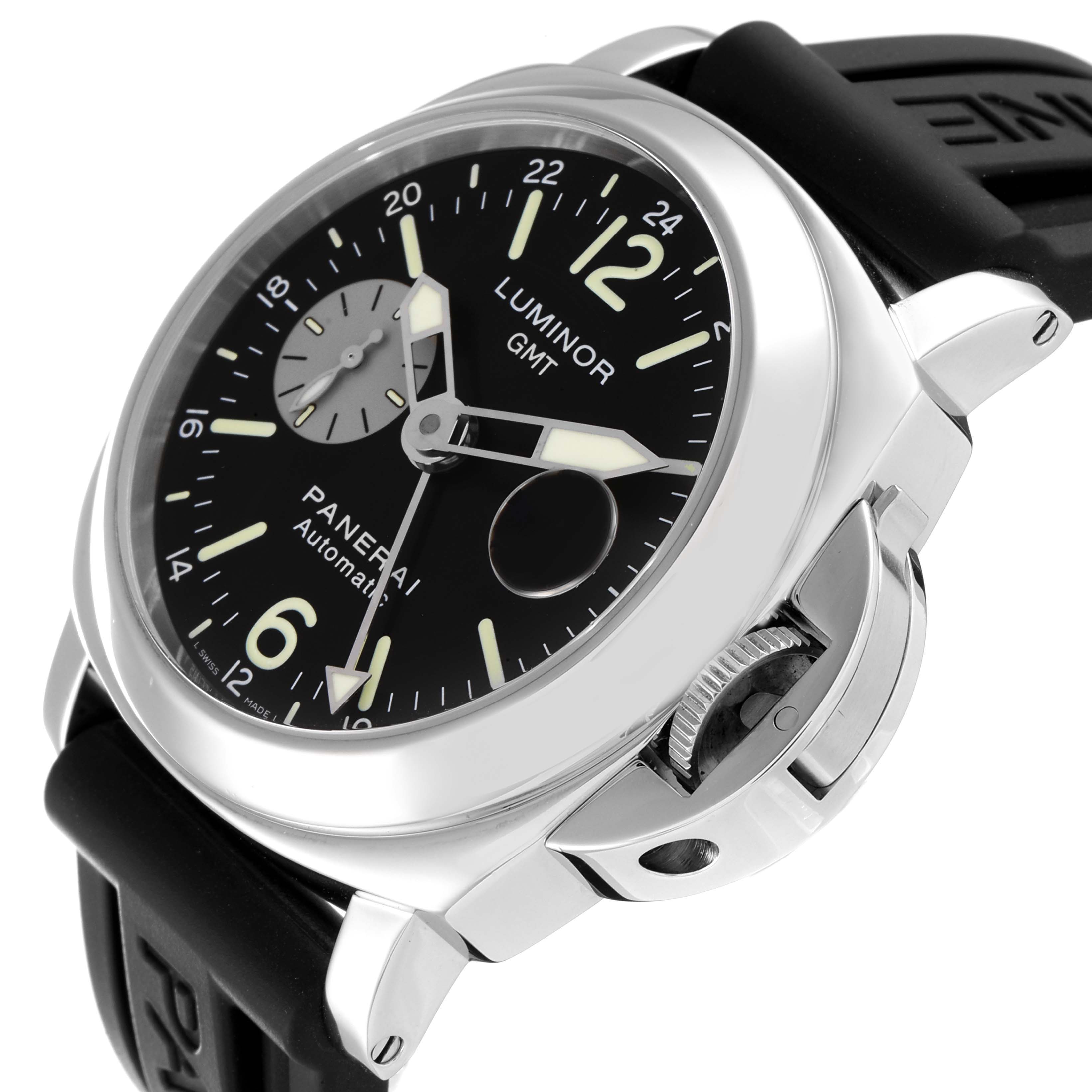 The image shows a Panerai Luminor PAM00088 Men
s Stainless Steel Black Dial PAM00088 Men
s Stainless Steel Black Dial watch at an angled view, highlighting the dial, crown guard, and strap.