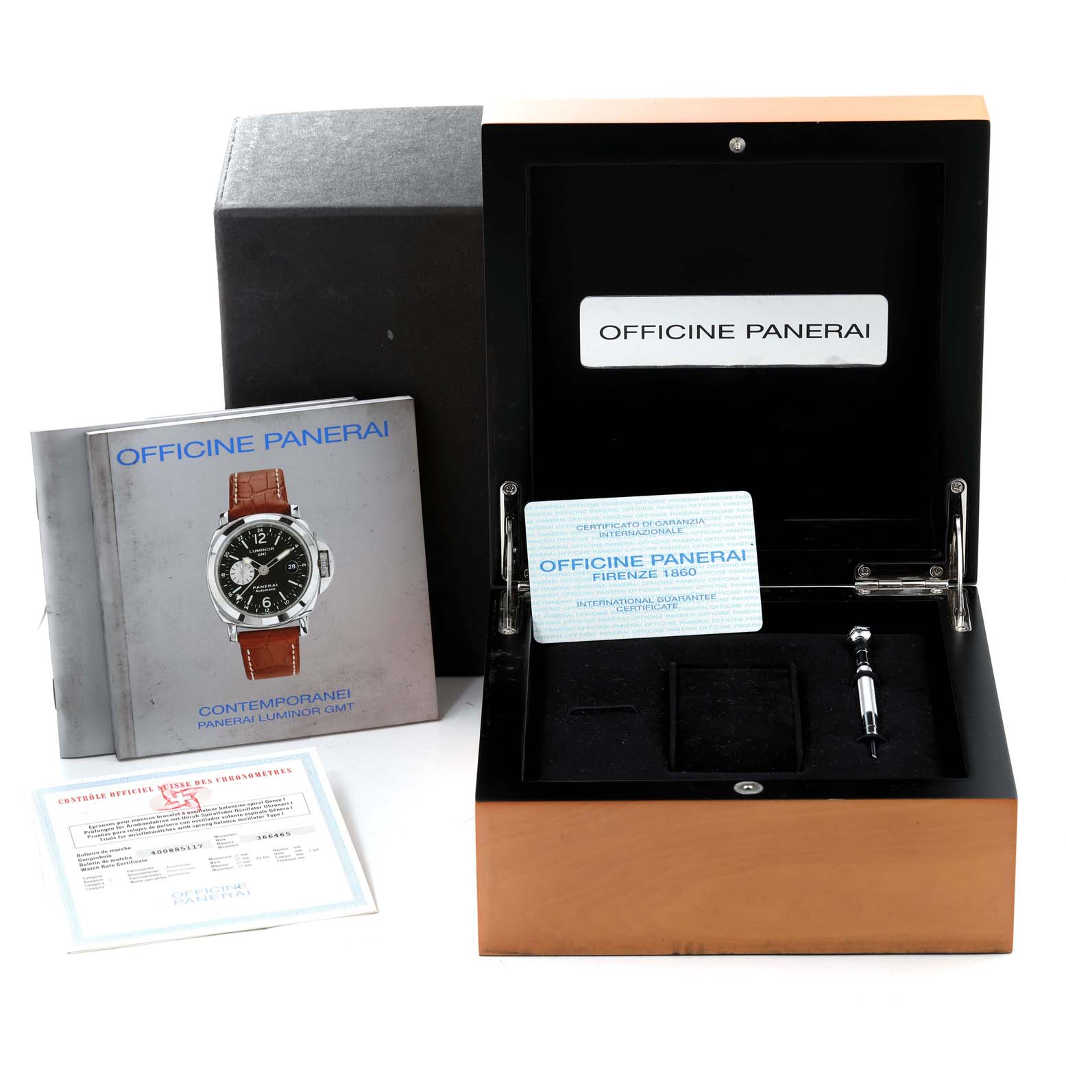 The image shows an open box for a Panerai Luminor PAM00088 Men
s Stainless Steel Black Dial PAM00088 Men
s Stainless Steel Black Dial watch, along with documentation and watch accessories.