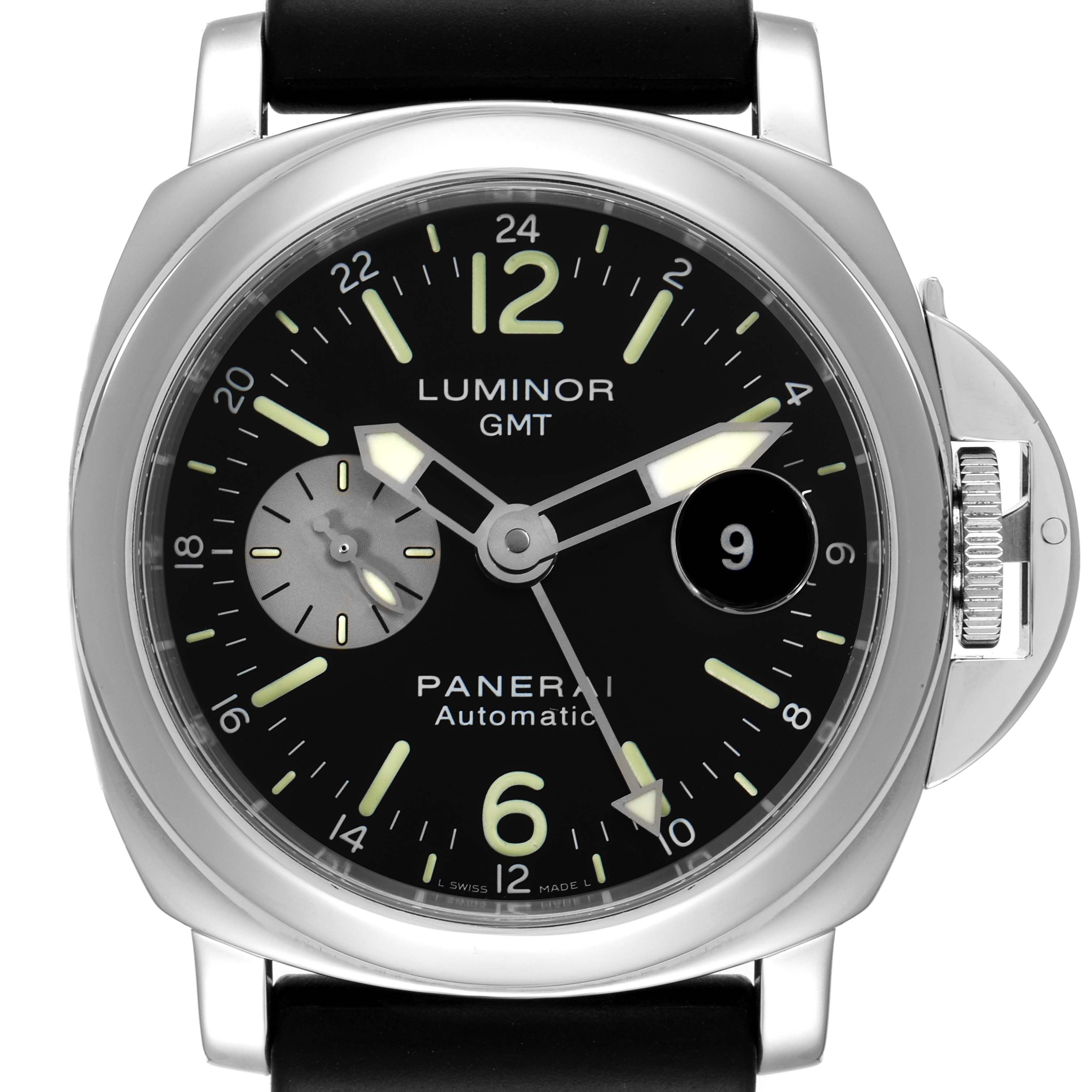 Front view of a Panerai Luminor PAM00088 Men
s Stainless Steel Black Dial PAM00088 Men
s Stainless Steel Black Dial GMT watch showing the dial, hour markers, date window, and crown guard.