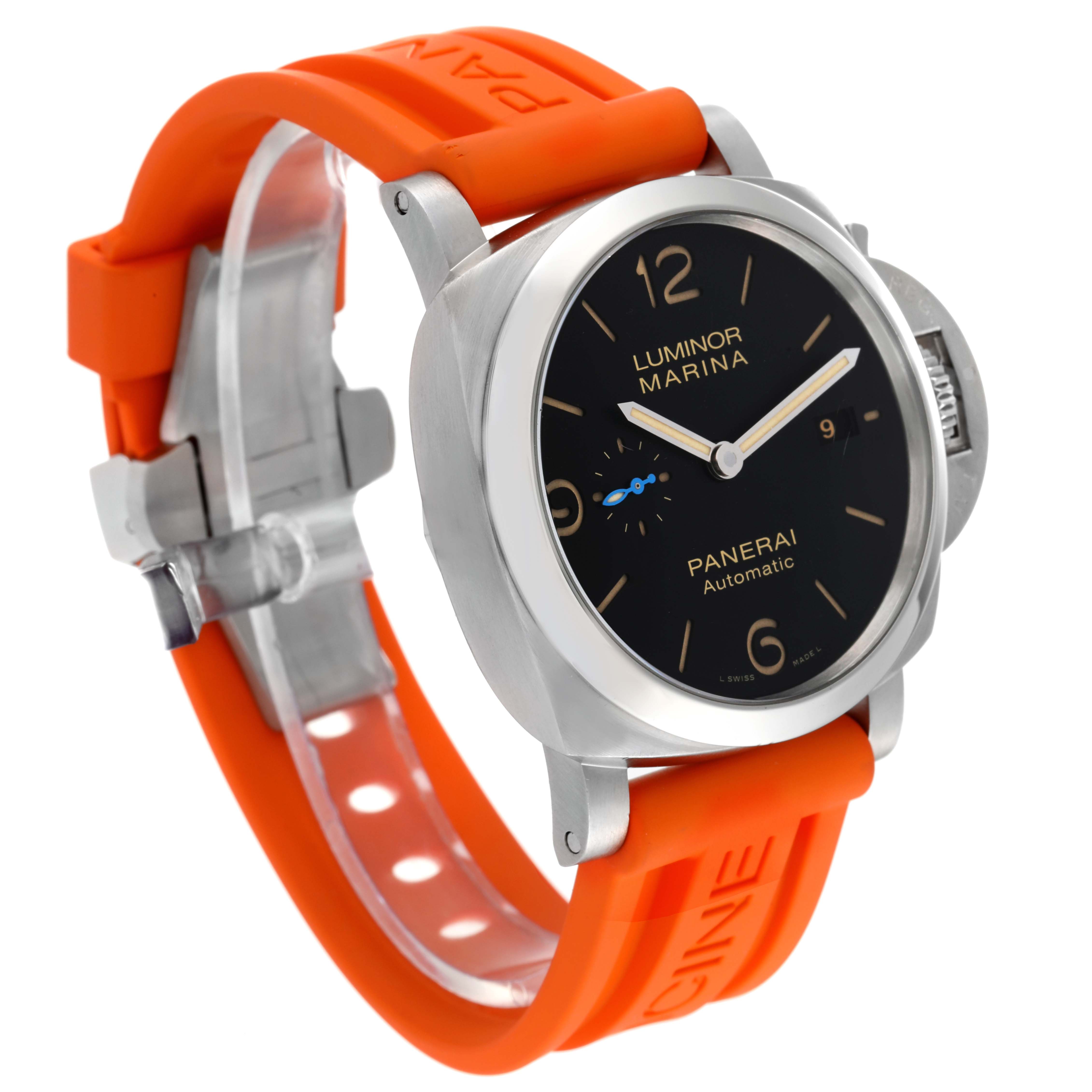 The Panerai Luminor PAM01312 Men's Stainless Steel Black Dial PAM01312 Men's Stainless Steel Black Dial watch is shown at a three-quarter angle, highlighting its black dial, orange strap, and signature crown guard.