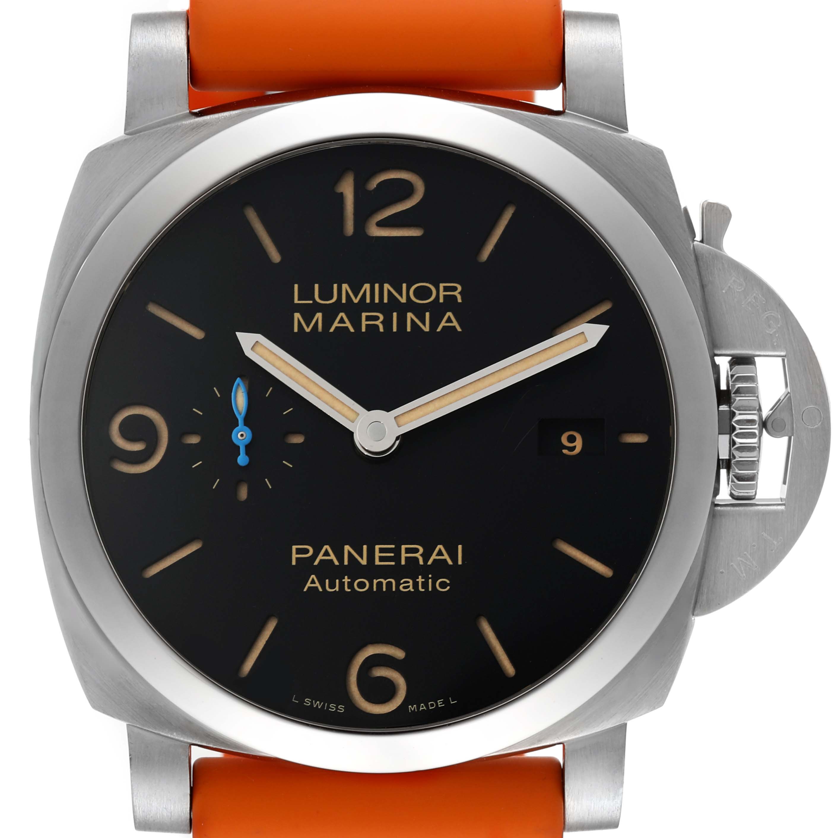 The image shows a front view of a Panerai Luminor PAM01312 Men's Stainless Steel Black Dial PAM01312 Men's Stainless Steel Black Dial Marina watch, focusing on the dial, crown guard, and part of the orange strap.