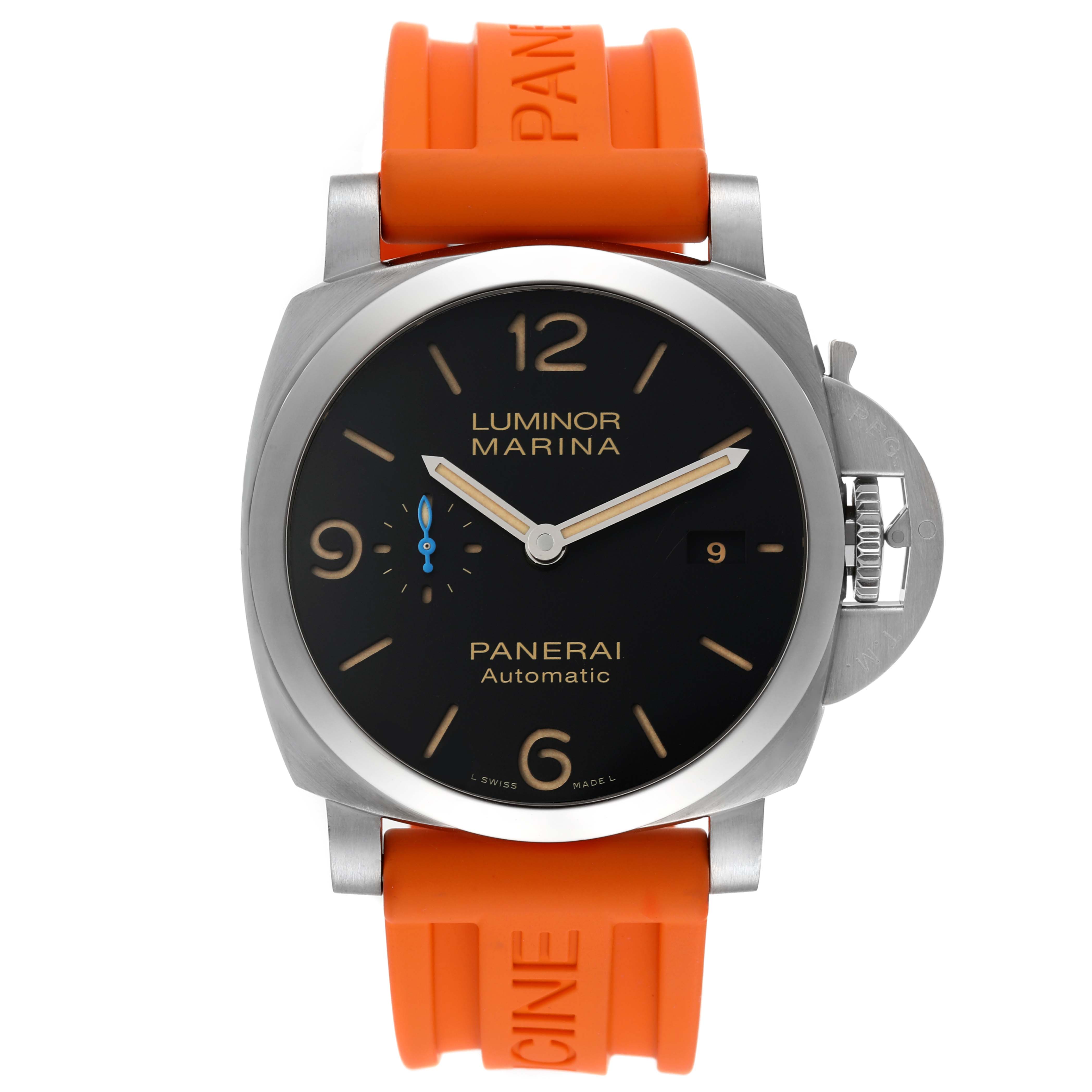The image shows a front view of a Panerai Luminor PAM01312 Men's Stainless Steel Black Dial PAM01312 Men's Stainless Steel Black Dial watch with an orange strap and black dial.