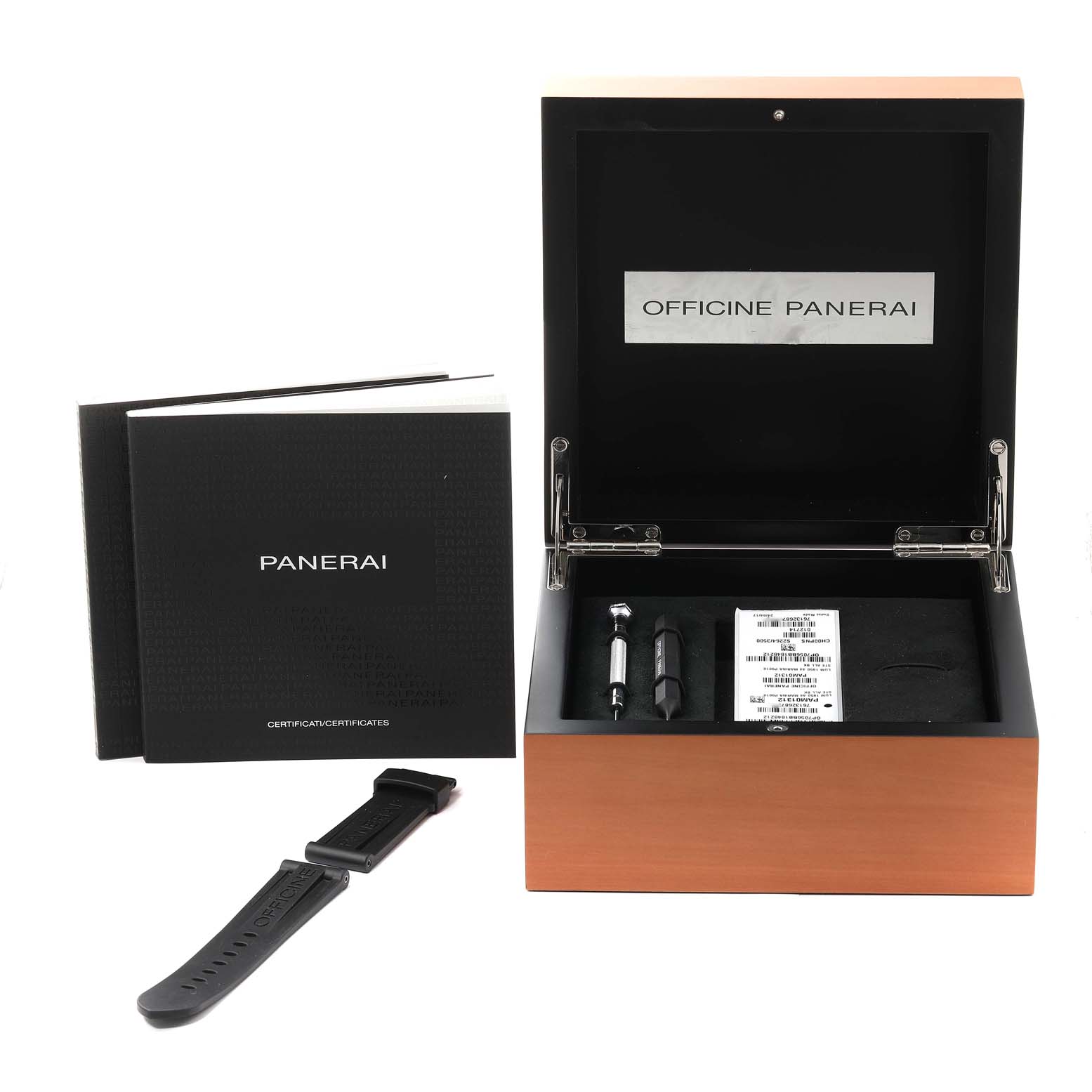The image shows a Panerai Luminor PAM01312 Men's Stainless Steel Black Dial PAM01312 Men's Stainless Steel Black Dial watch box, manuals, strap, and tools from a front angle.