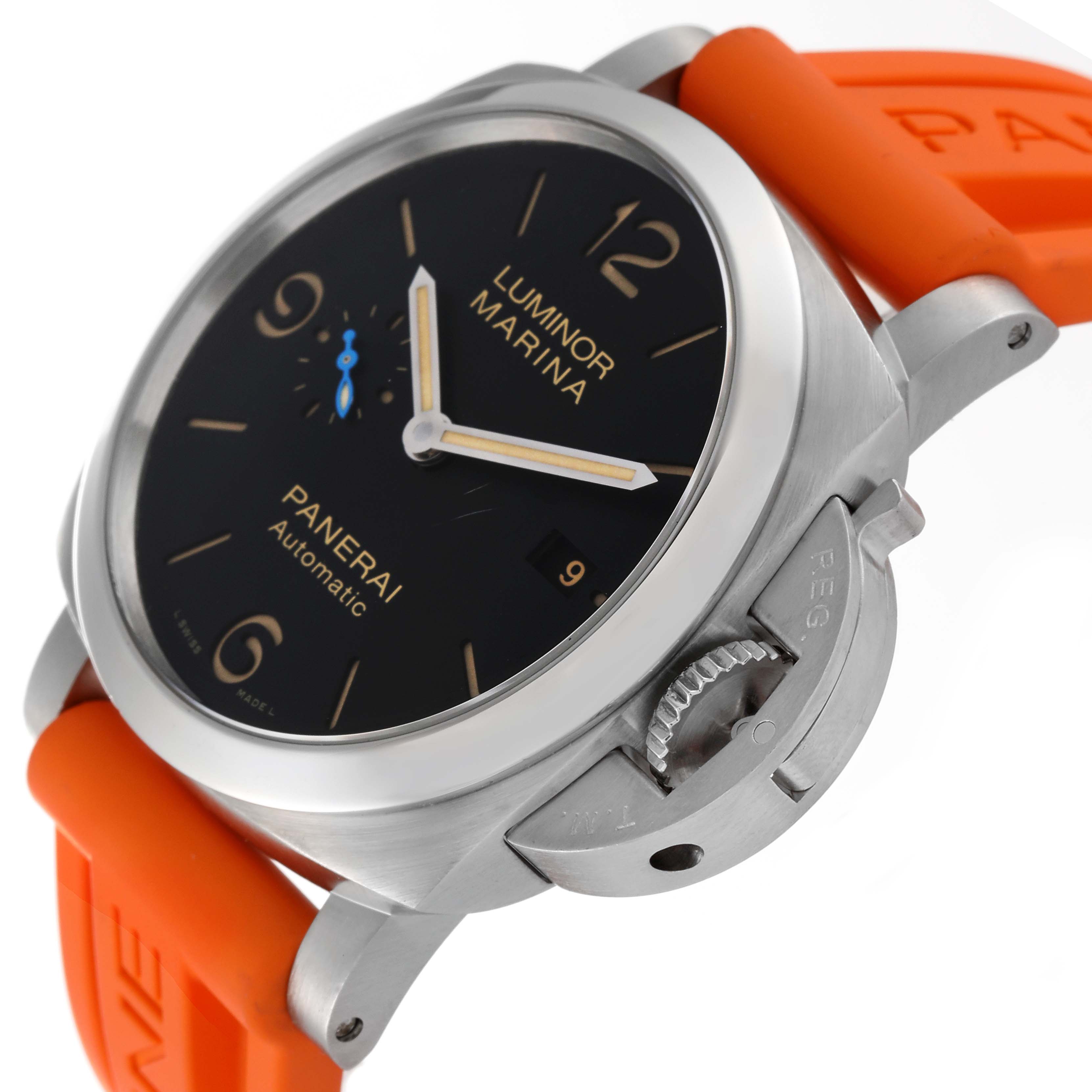 The image shows a side-angle view of a Panerai Luminor PAM01312 Men's Stainless Steel Black Dial PAM01312 Men's Stainless Steel Black Dial watch, highlighting the crown guard and orange strap.