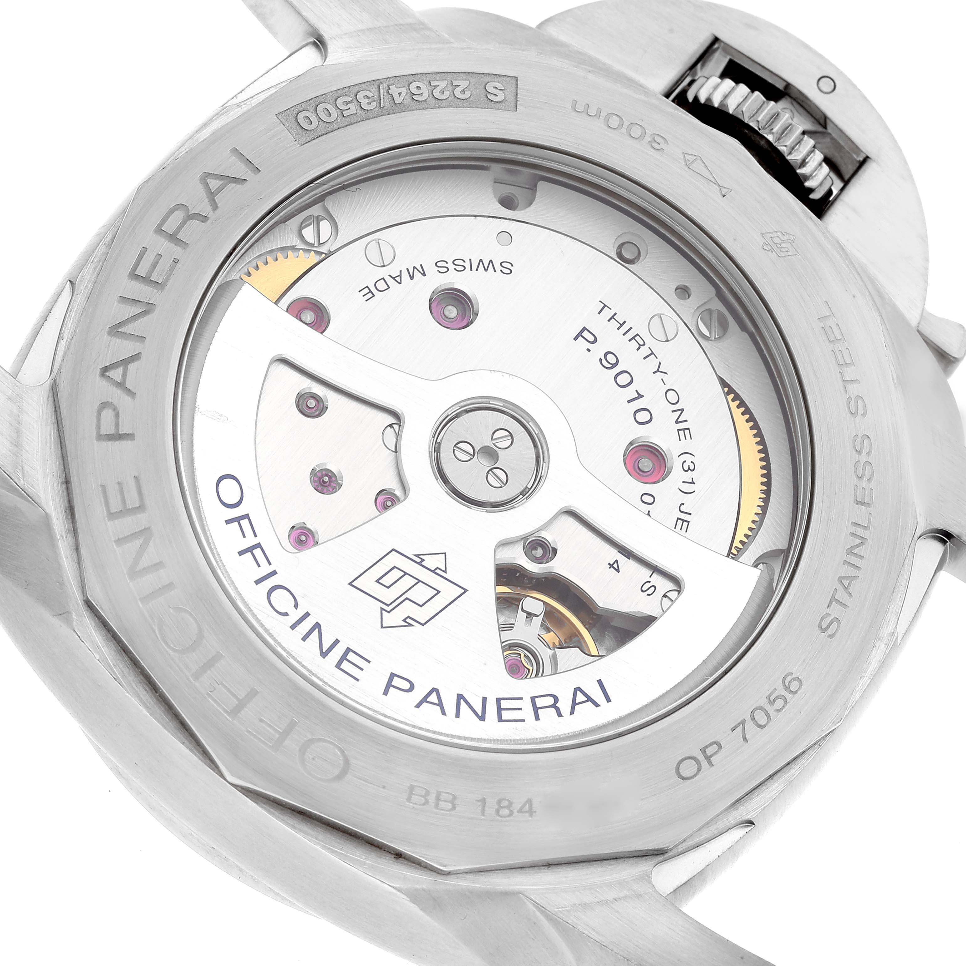 The image shows the back view of the Panerai Luminor PAM01312 Men's Stainless Steel Black Dial PAM01312 Men's Stainless Steel Black Dial watch, displaying its inner mechanical movement and transparent case back.