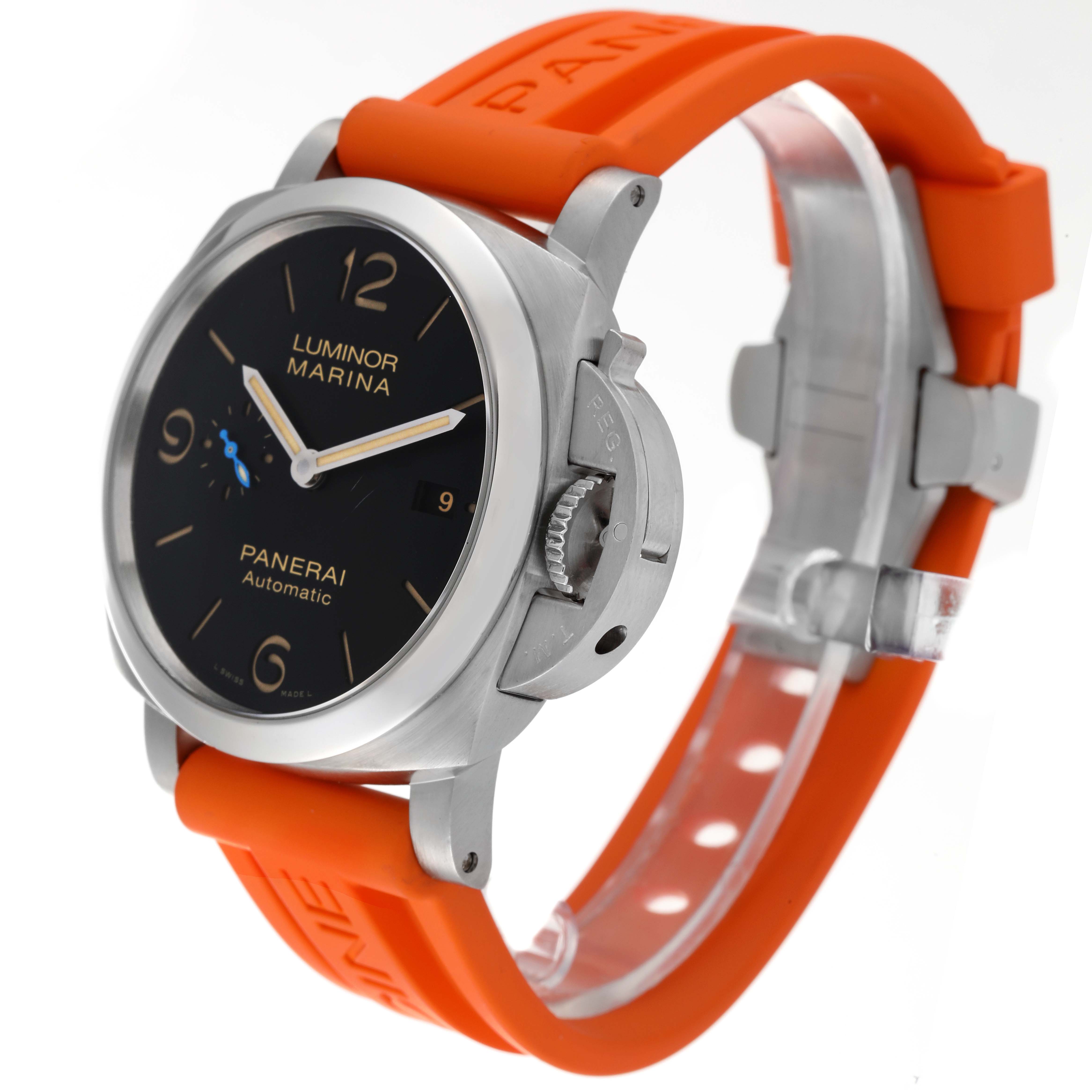 This image shows a Panerai Luminor PAM01312 Men's Stainless Steel Black Dial PAM01312 Men's Stainless Steel Black Dial watch at a three-quarter angle, featuring its black dial and orange strap.