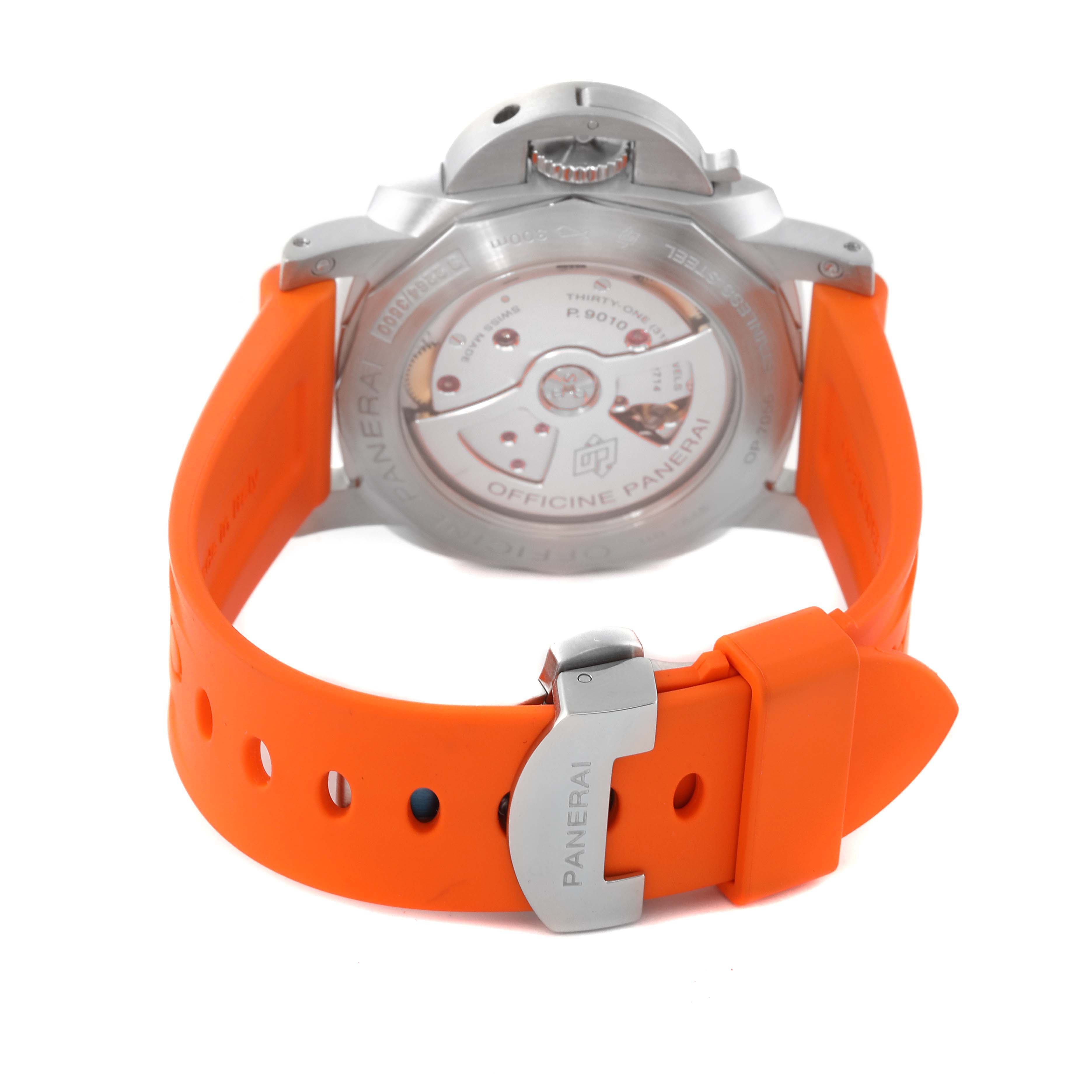 The image shows the back of a Panerai Luminor PAM01312 Men's Stainless Steel Black Dial PAM01312 Men's Stainless Steel Black Dial watch with an orange strap and visible movement mechanism.