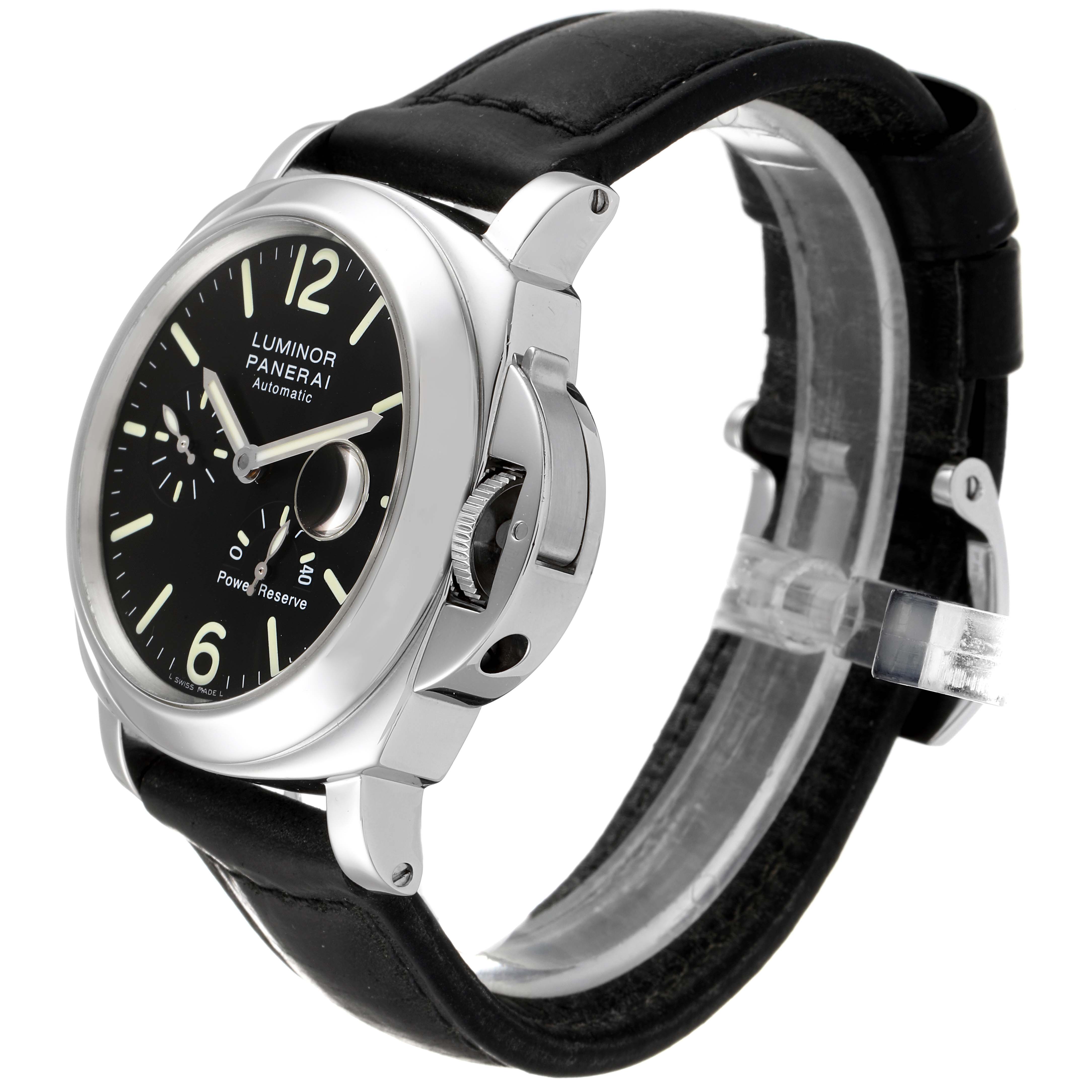 The Panerai Luminor PAM00090 Men's Stainless Steel Black Dial PAM00090 Men's Stainless Steel Black Dial watch is shown at an oblique angle highlighting the face, bezel, crown guard, and black leather strap.
