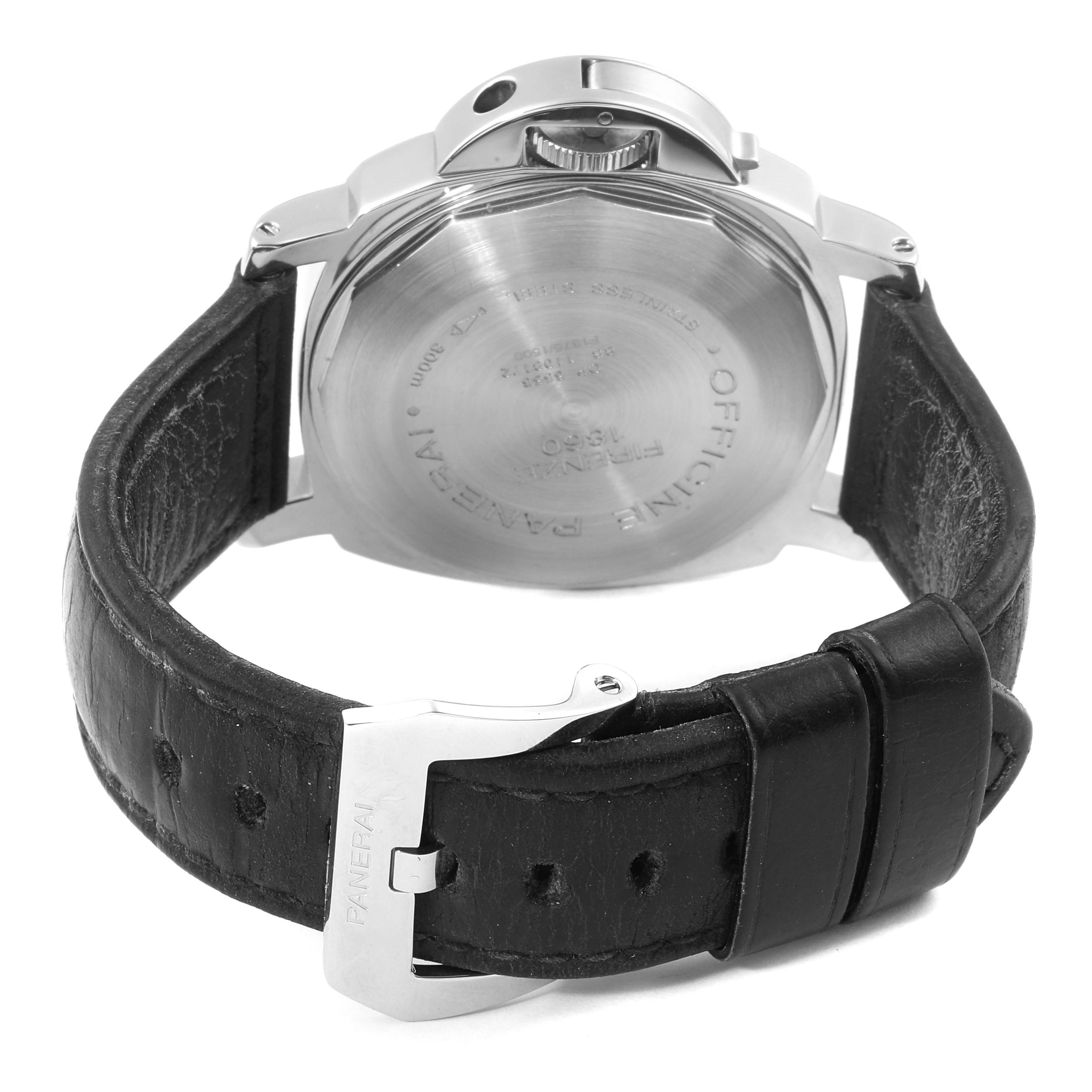 The image shows the back view of a Panerai Luminor PAM00090 Men's Stainless Steel Black Dial PAM00090 Men's Stainless Steel Black Dial watch, featuring the case back and leather strap with clasp.