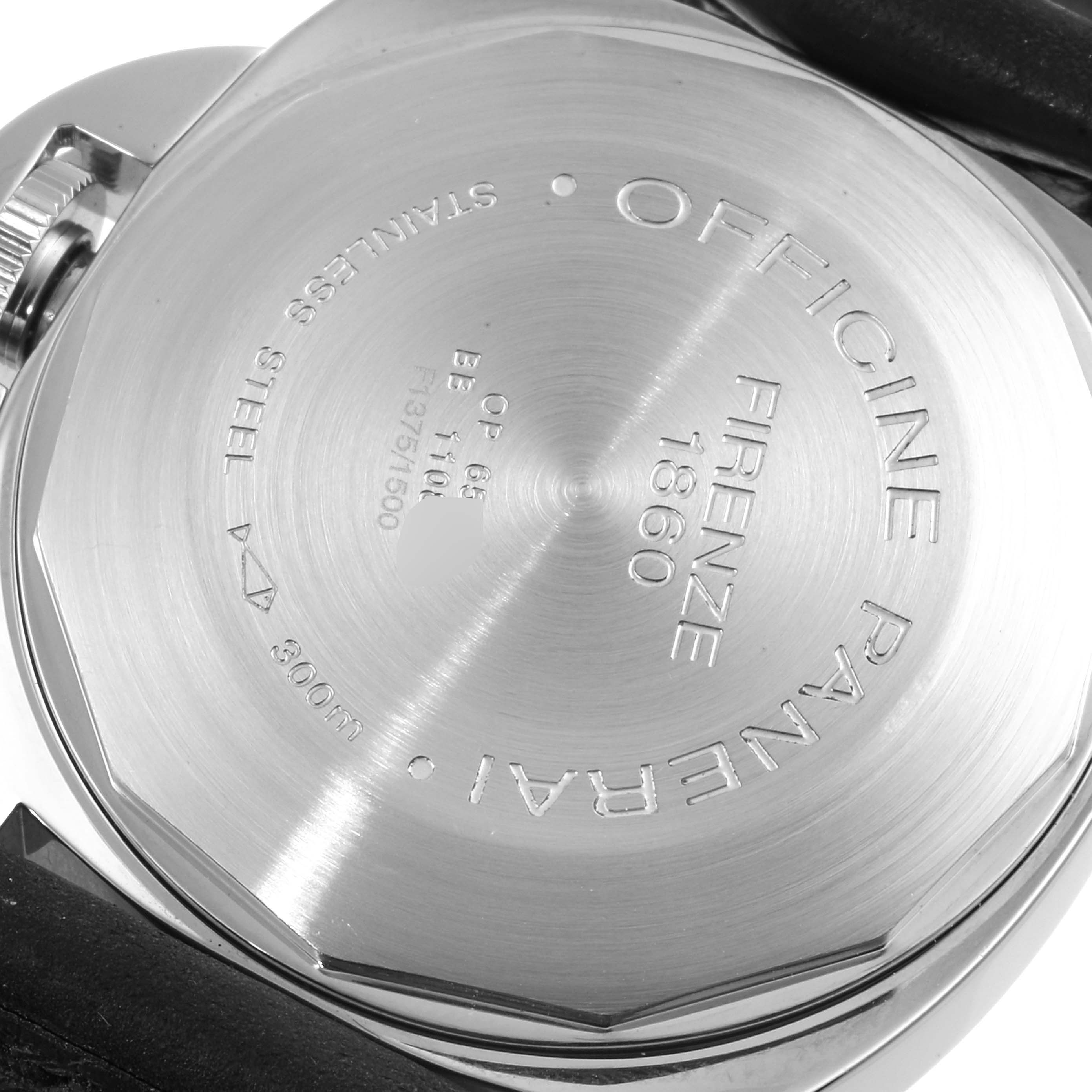 This image shows the back case of a Panerai Luminor PAM00090 Men's Stainless Steel Black Dial PAM00090 Men's Stainless Steel Black Dial watch, highlighting the engraved text and stainless steel material.