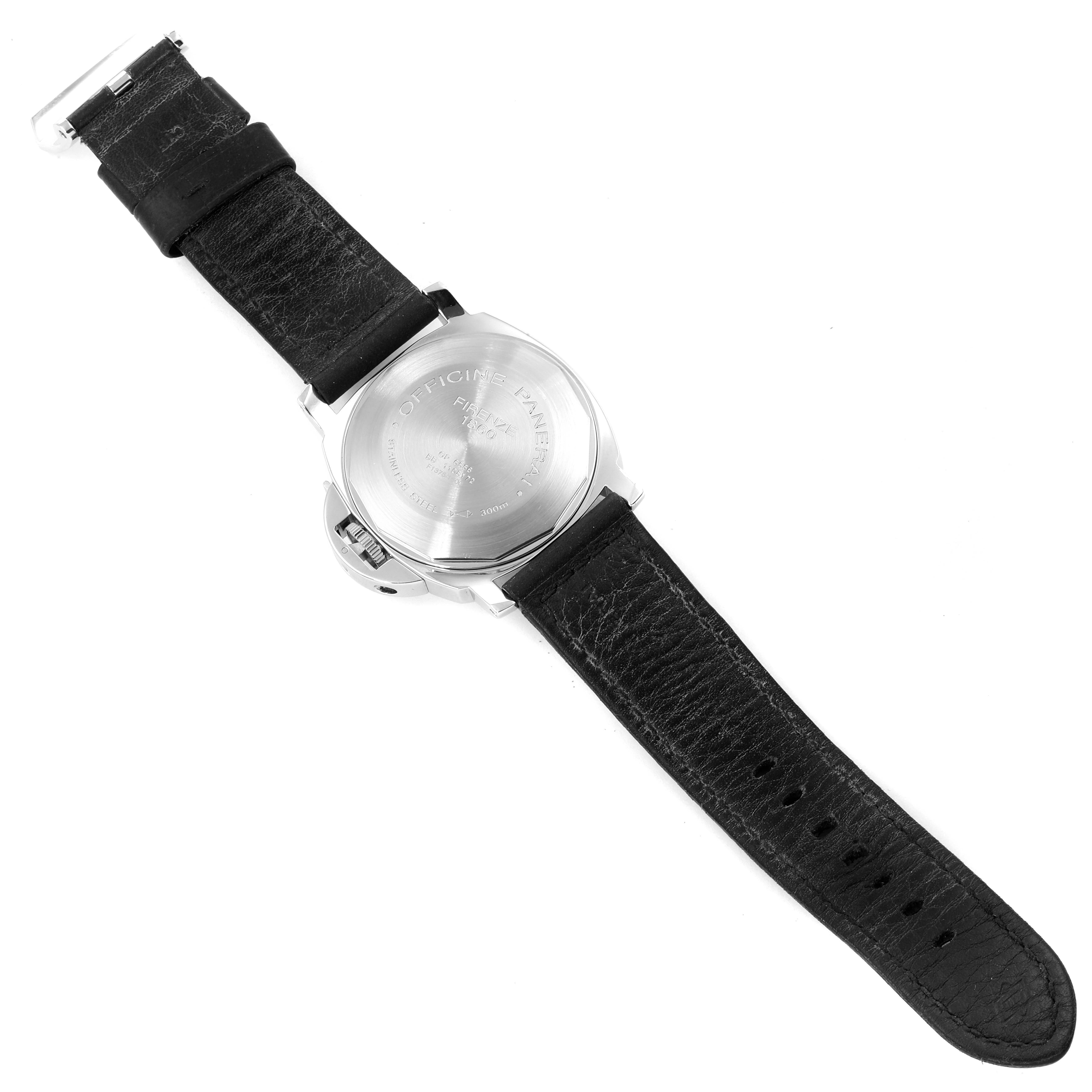 The image shows the back case and strap of a Panerai Luminor PAM00090 Men's Stainless Steel Black Dial PAM00090 Men's Stainless Steel Black Dial watch, laid flat and viewed from the back.