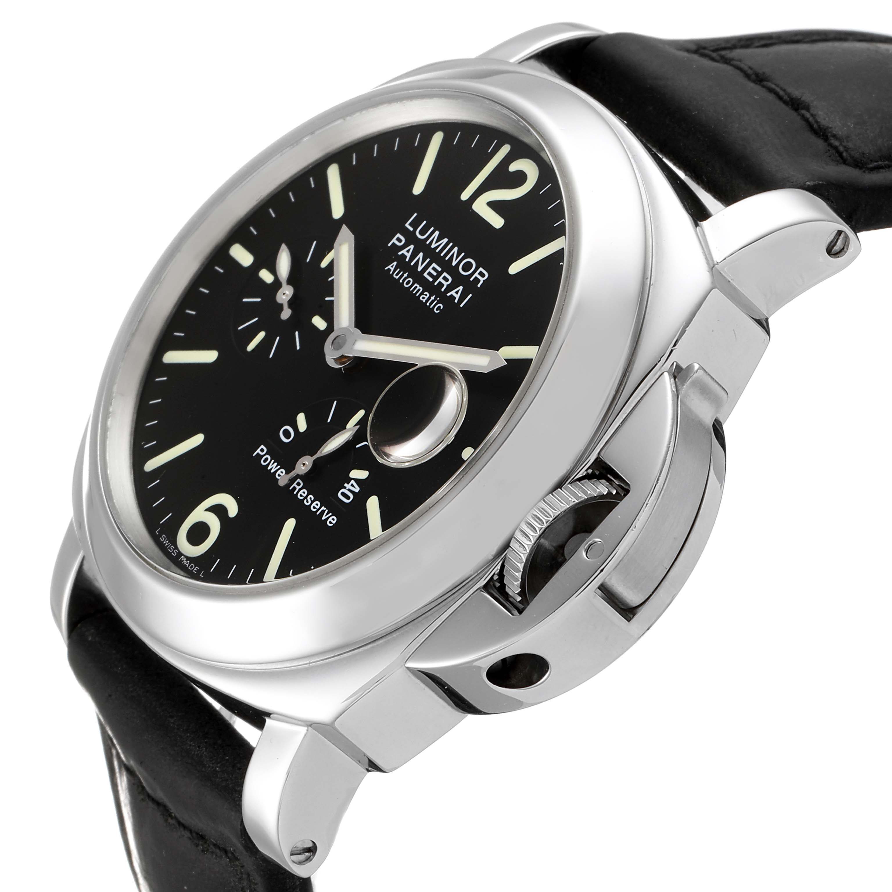 The image shows a Panerai Luminor PAM00090 Men's Stainless Steel Black Dial PAM00090 Men's Stainless Steel Black Dial watch at a tilted angle, highlighting the dial, case, and crown guard.