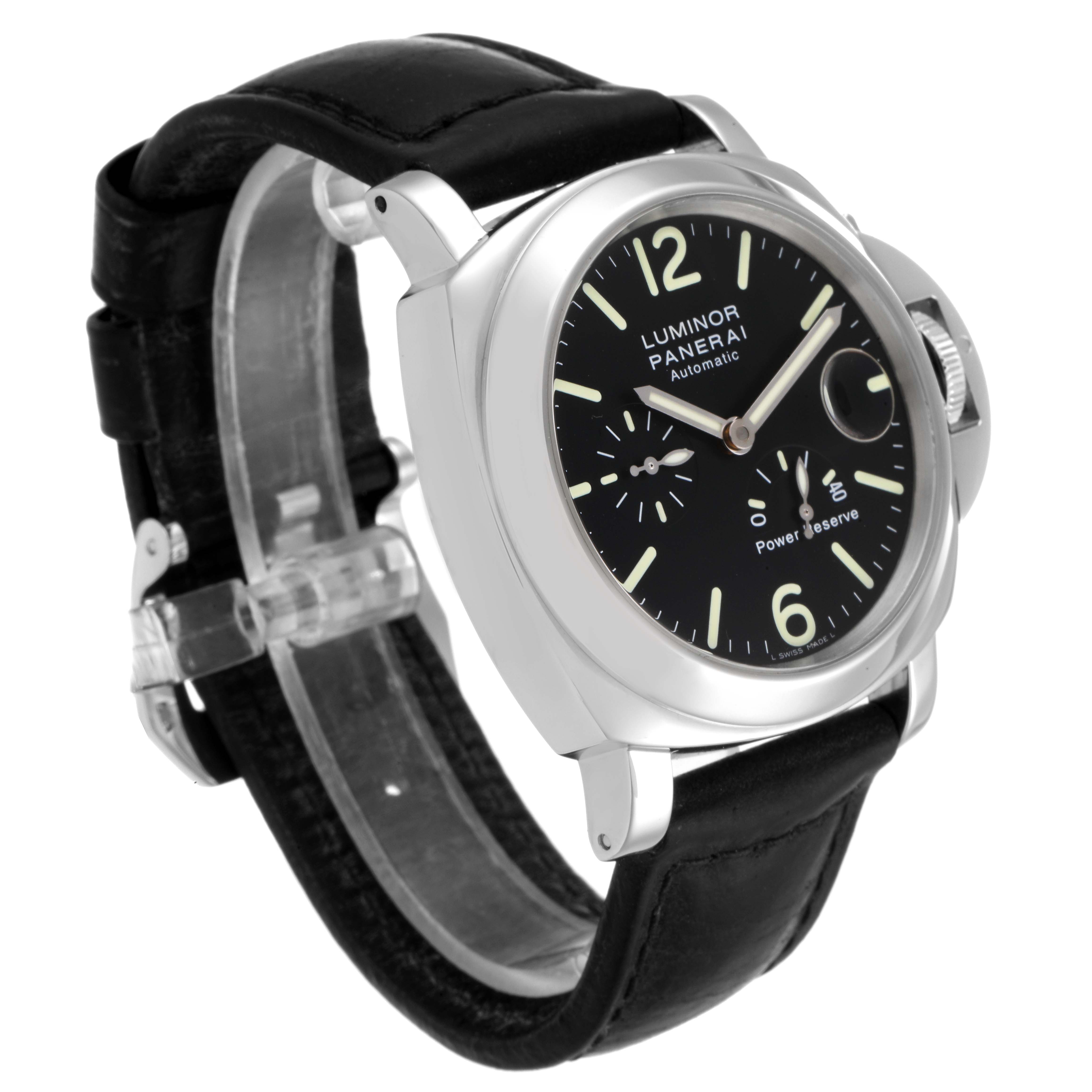 The image shows a side-angle view of a Panerai Luminor PAM00090 Men's Stainless Steel Black Dial PAM00090 Men's Stainless Steel Black Dial watch, highlighting the dial, crown guard, and leather strap.