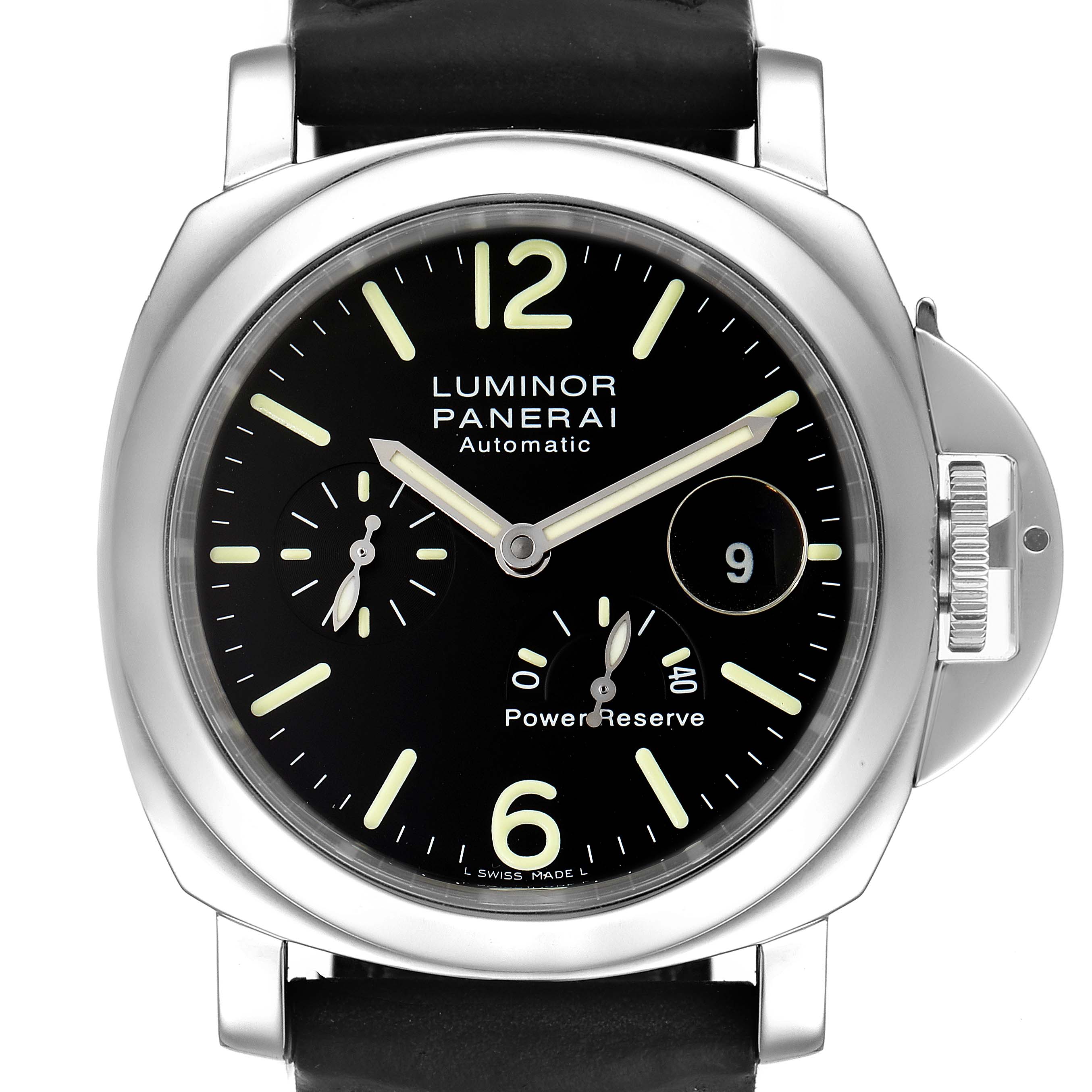 The Panerai Luminor PAM00090 Men's Stainless Steel Black Dial PAM00090 Men's Stainless Steel Black Dial watch is shown from a front angle, detailing the dial, hands, sub-dials, and crown guard.