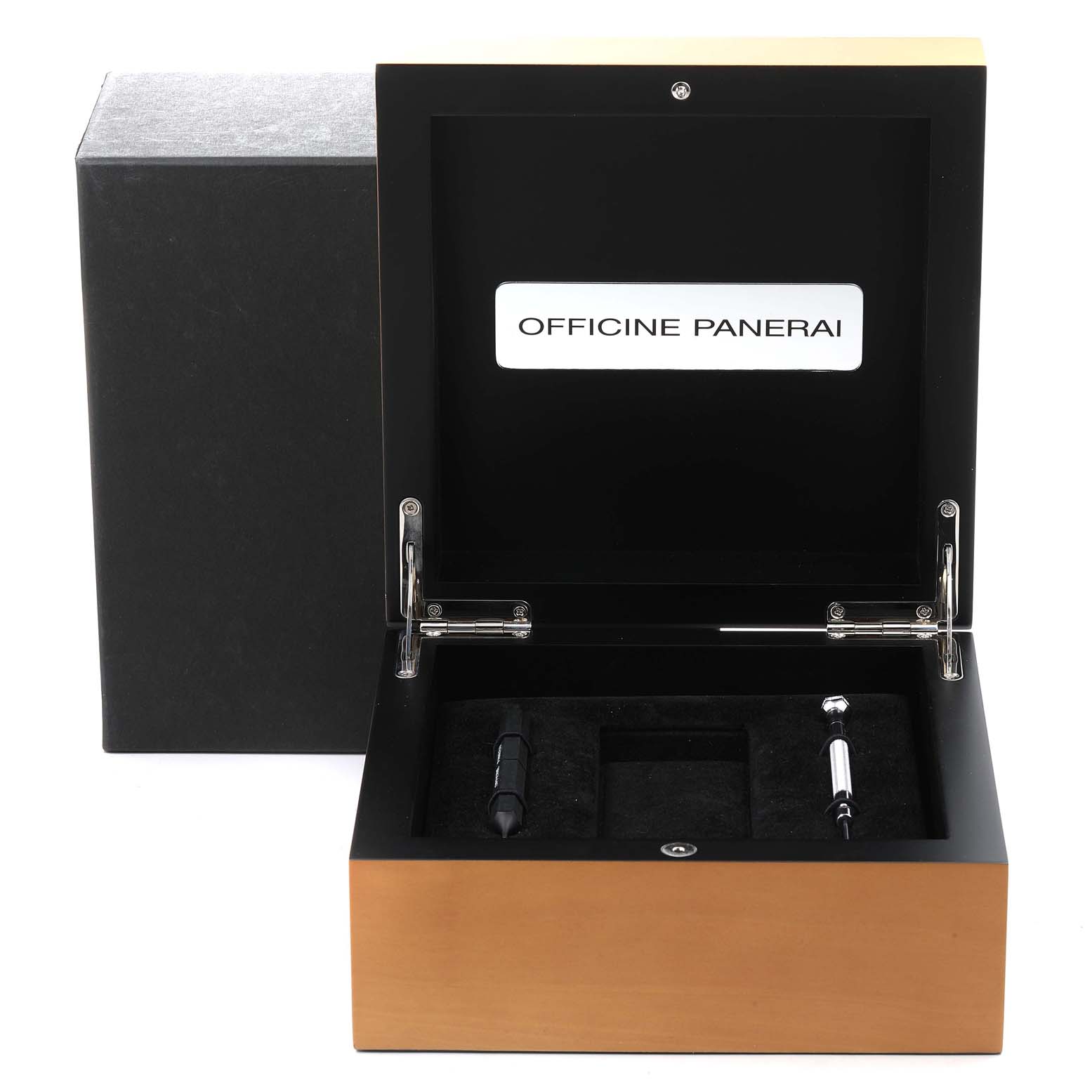 The image shows an open Panerai Luminor PAM00090 Men's Stainless Steel Black Dial PAM00090 Men's Stainless Steel Black Dial watch box with compartments for accessories and branded interior lid.