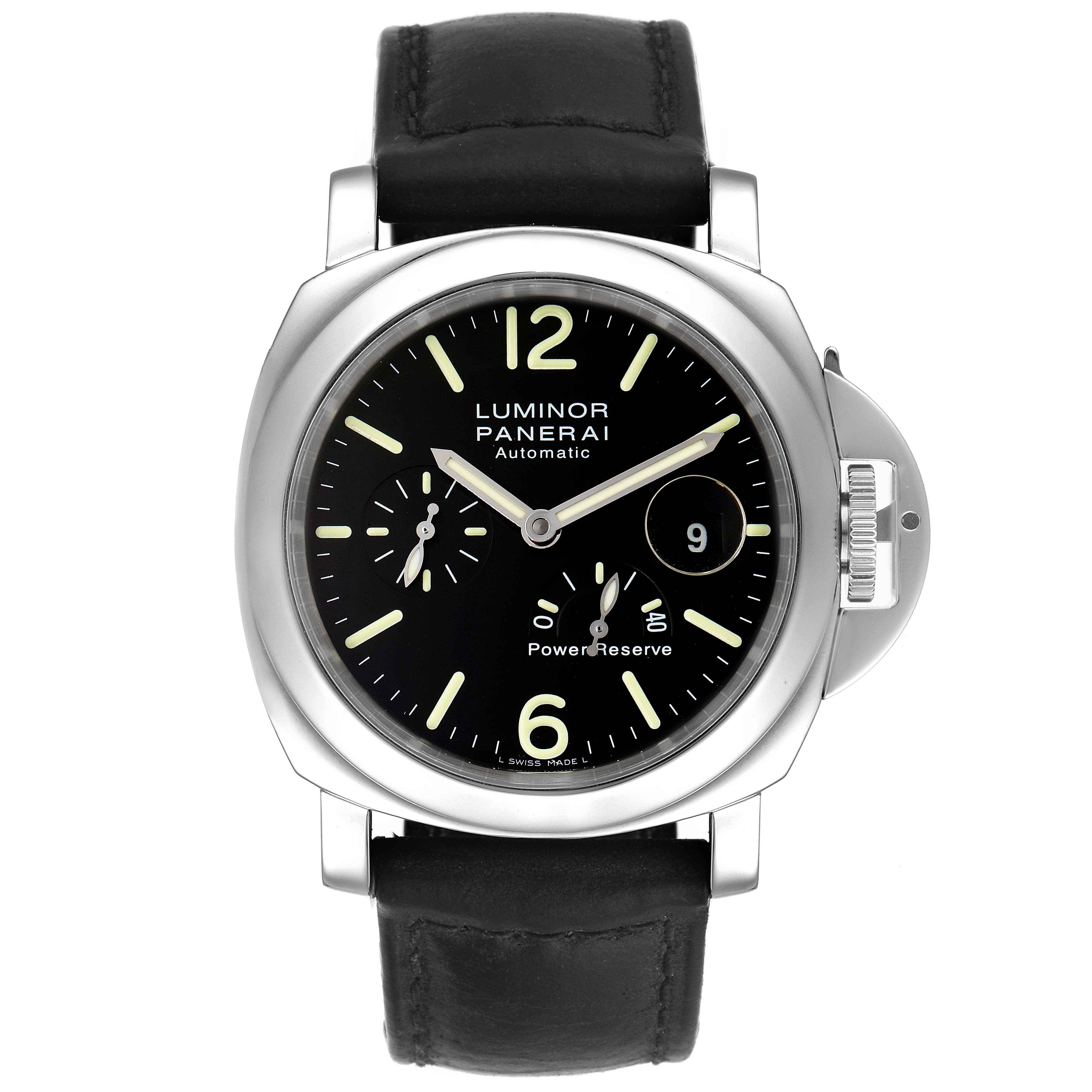 The watch is a Panerai Luminor PAM00090 Men's Stainless Steel Black Dial PAM00090 Men's Stainless Steel Black Dial model shown from the front, displaying the dial, case, and leather strap.