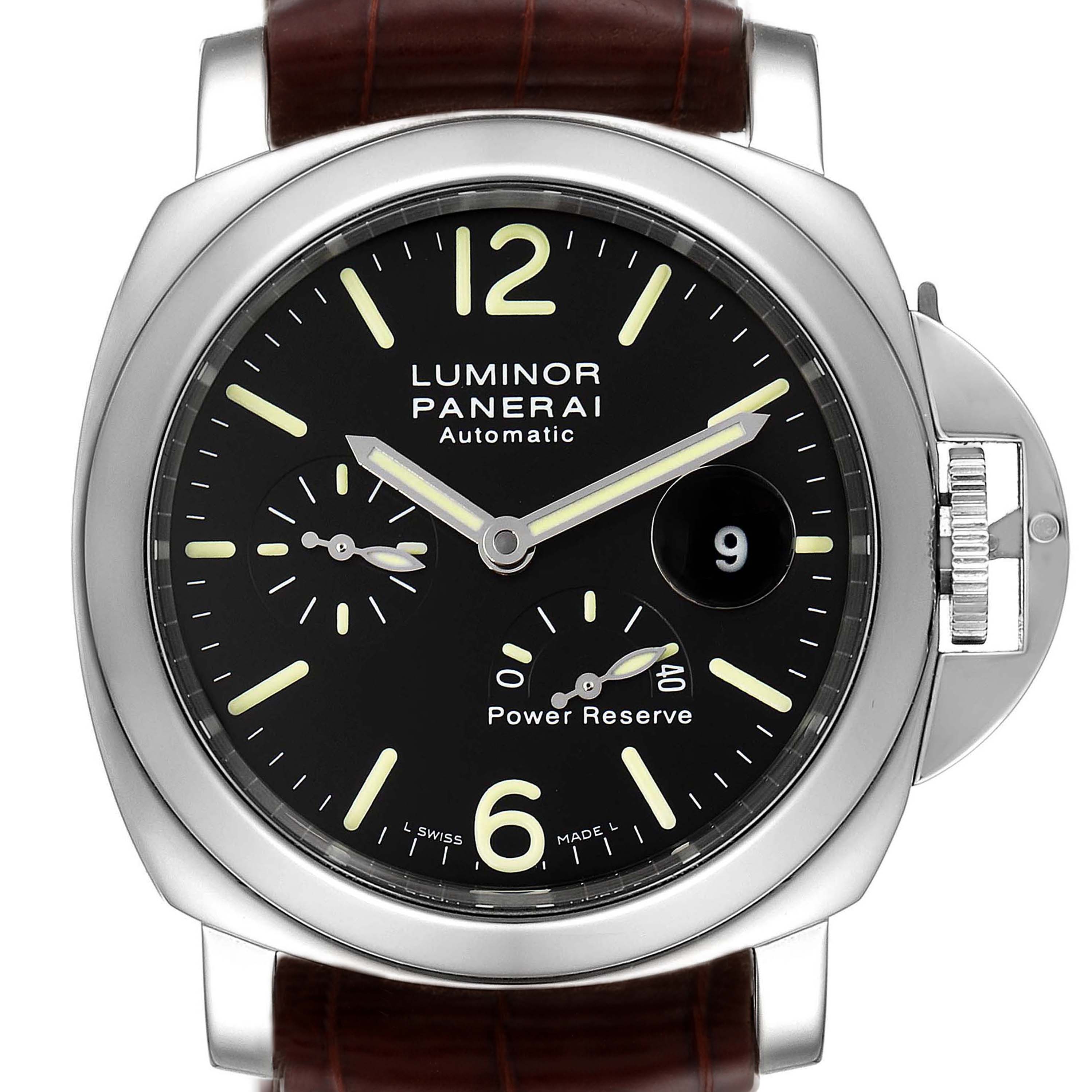 This image shows a front view of a Panerai Luminor PAM00090 Men
s Stainless Steel Black Dial PAM00090 Men
s Stainless Steel Black Dial watch, displaying the dial, hands, crown guard, and leather strap.
