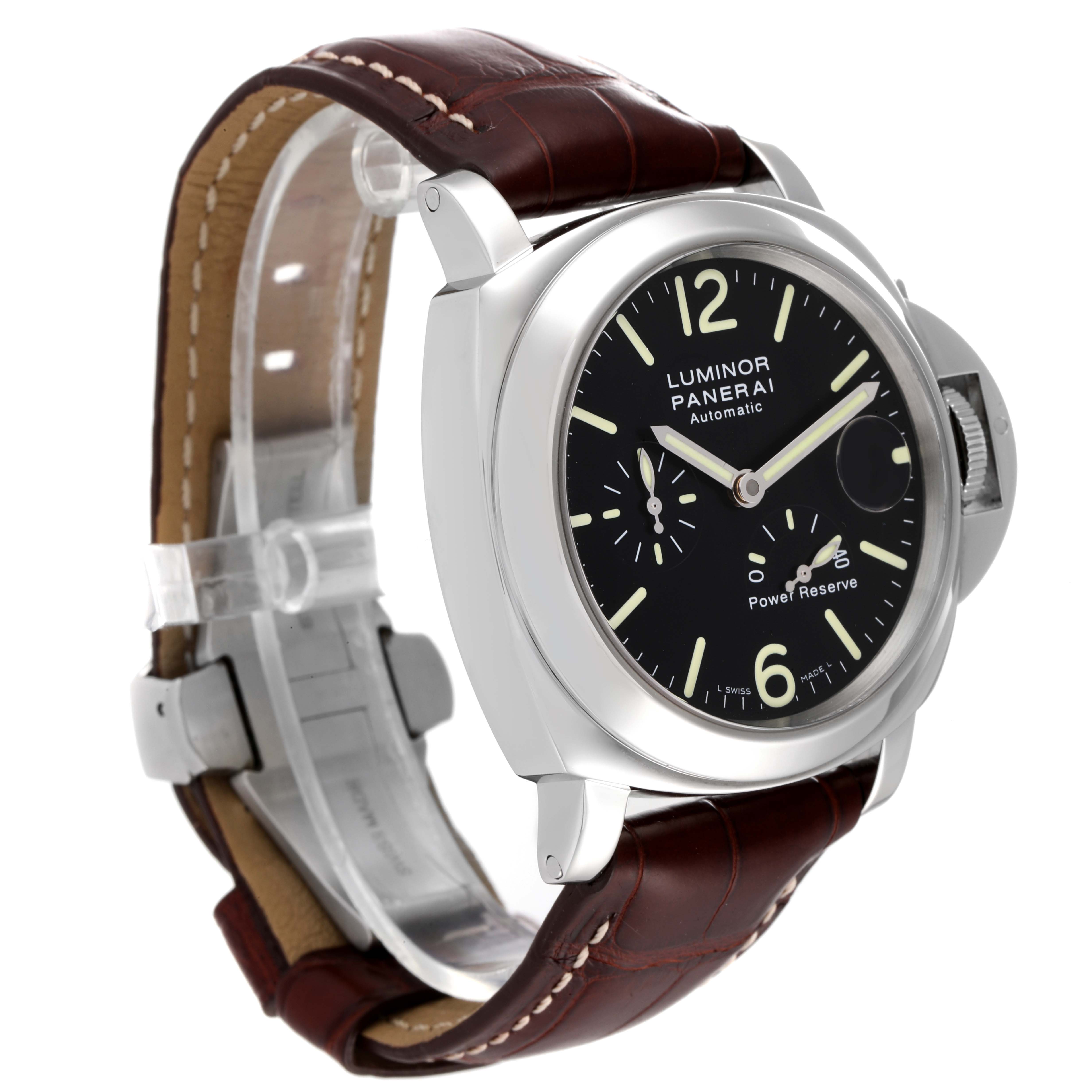 The image shows a Panerai Luminor PAM00090 Men
s Stainless Steel Black Dial PAM00090 Men
s Stainless Steel Black Dial watch from a three-quarter angle, highlighting its face, case, crown guard, and leather strap.
