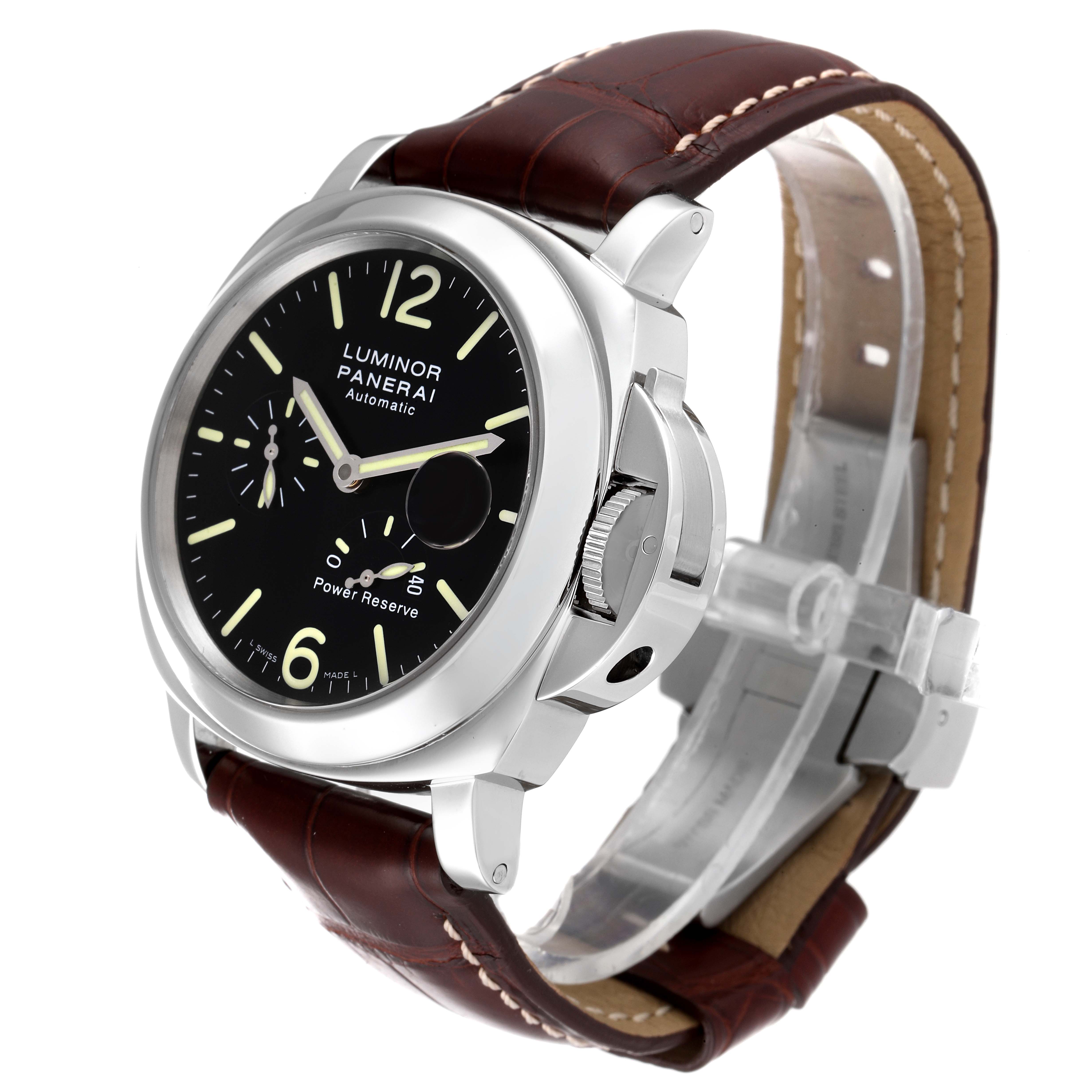This image shows a Panerai Luminor PAM00090 Men
s Stainless Steel Black Dial PAM00090 Men
s Stainless Steel Black Dial watch at an angle highlighting its face, case, and brown leather strap.