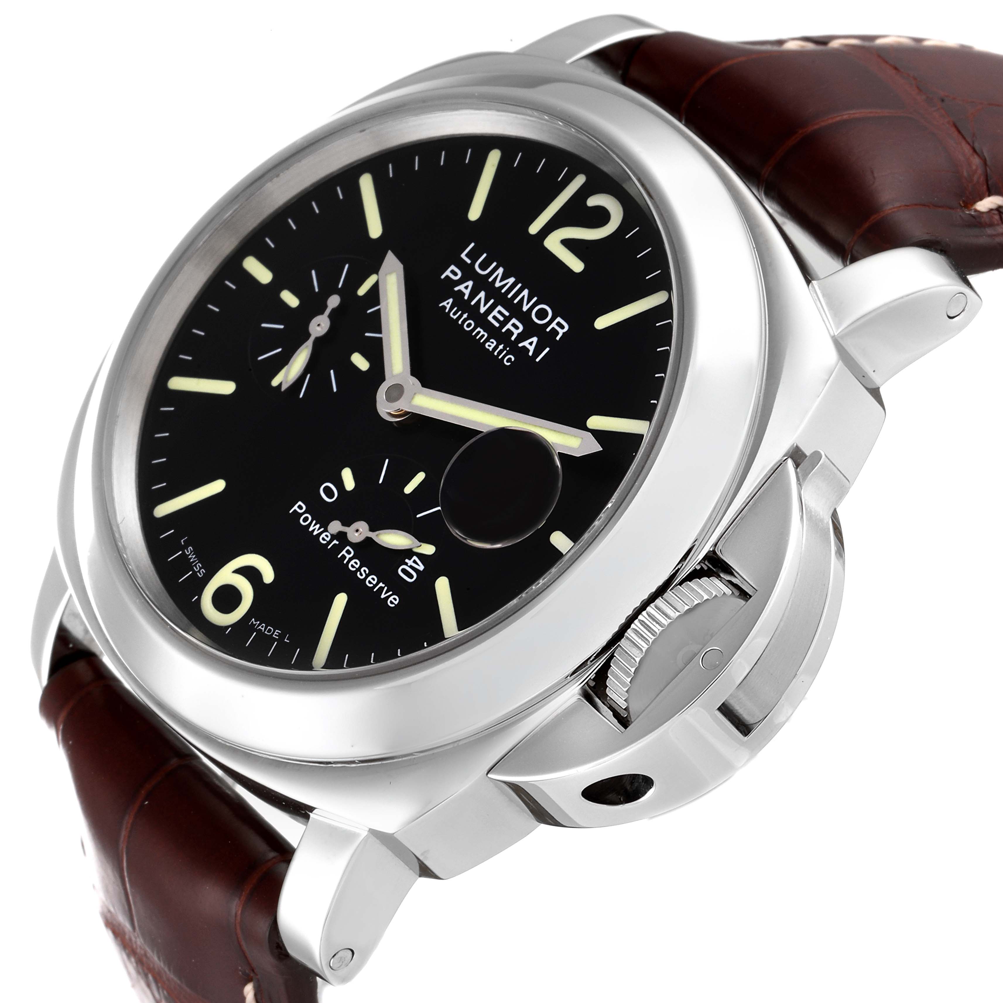 The image shows a close-up of the face, crown guard, and part of the strap of the Panerai Luminor PAM00090 Men
s Stainless Steel Black Dial PAM00090 Men
s Stainless Steel Black Dial watch.