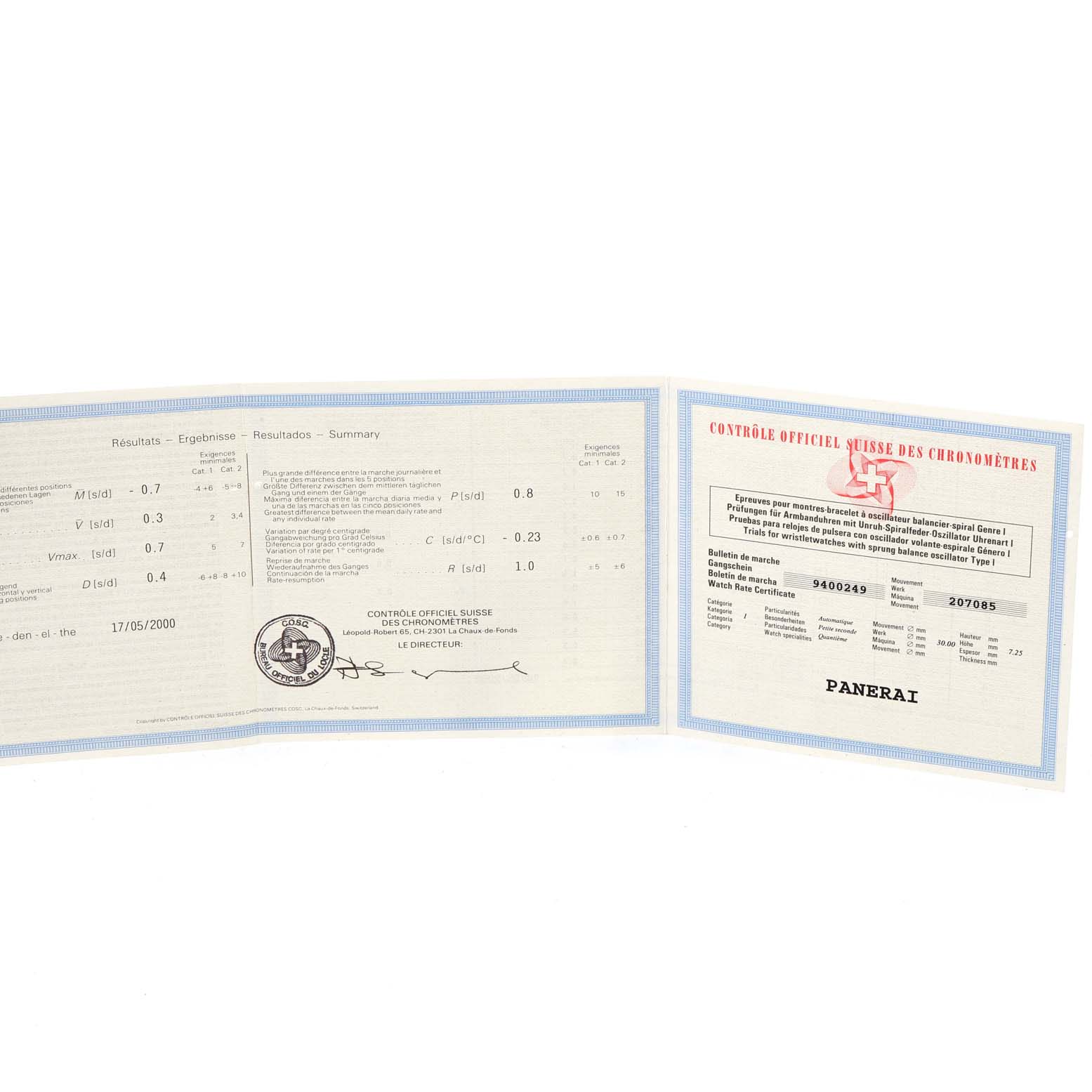 The image shows open documents, likely certification papers, for the Luminor model by Panerai, displayed flat and fully visible.