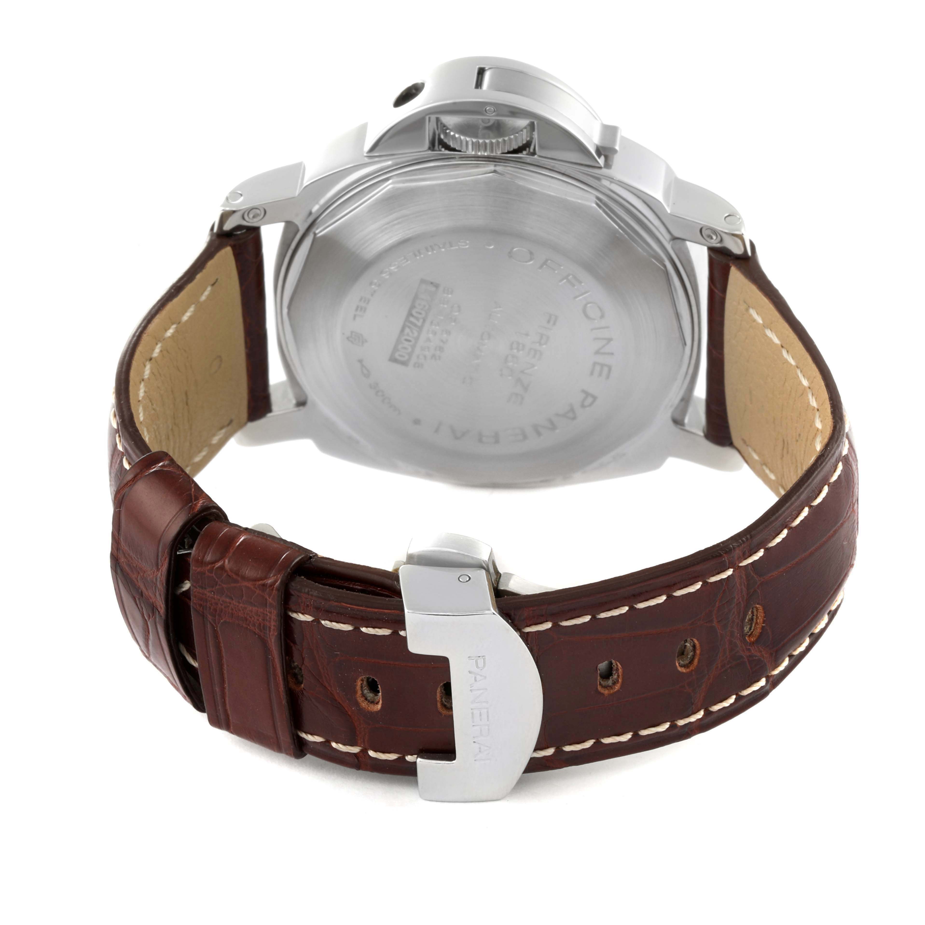 The image shows the back view of a Panerai Luminor PAM00090 Men
s Stainless Steel Black Dial PAM00090 Men
s Stainless Steel Black Dial watch, highlighting the case back, crown, and leather strap with a buckle.