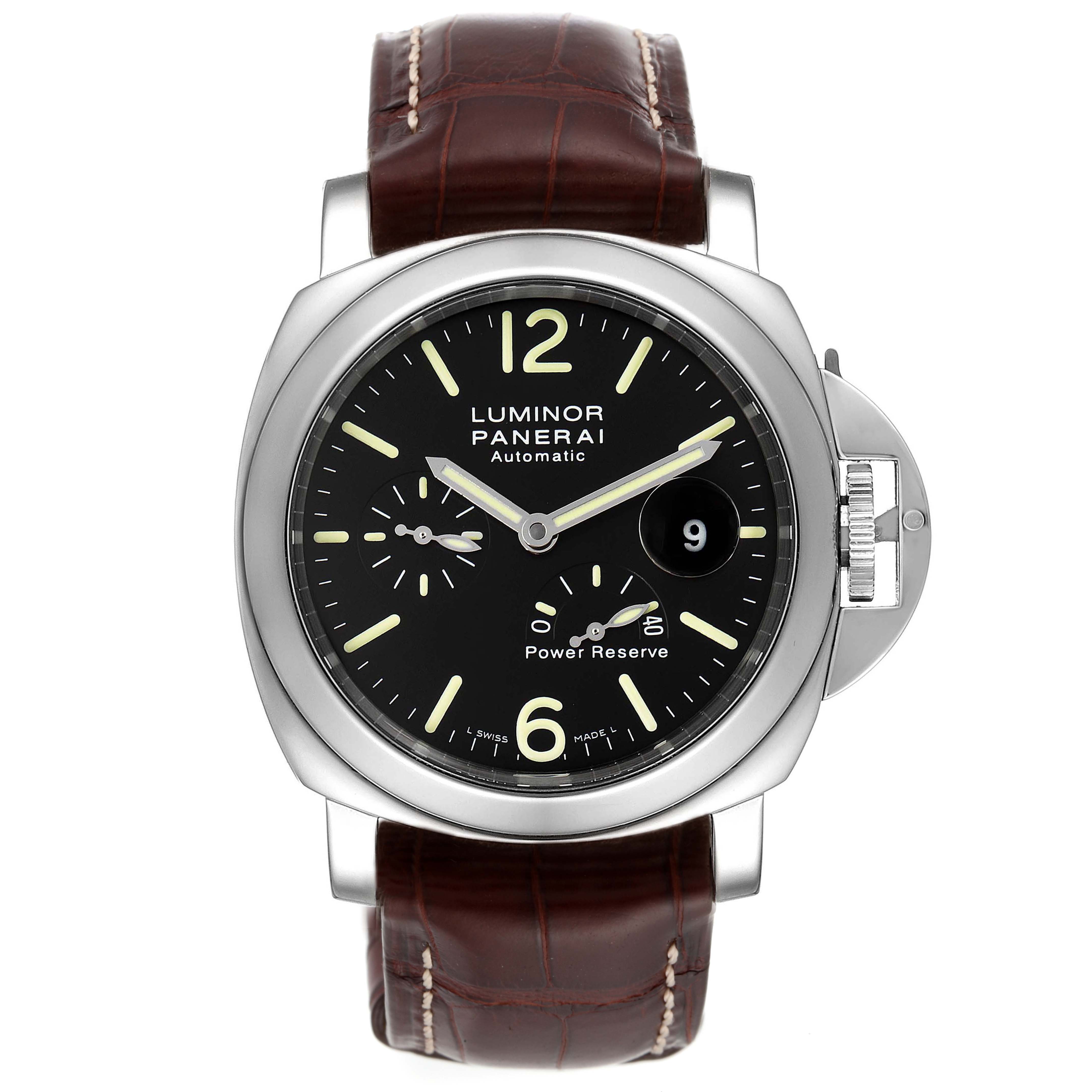 This is a front view of a Panerai Luminor PAM00090 Men
s Stainless Steel Black Dial PAM00090 Men
s Stainless Steel Black Dial watch showing the dial, hands, power reserve indicator, and brown leather strap.