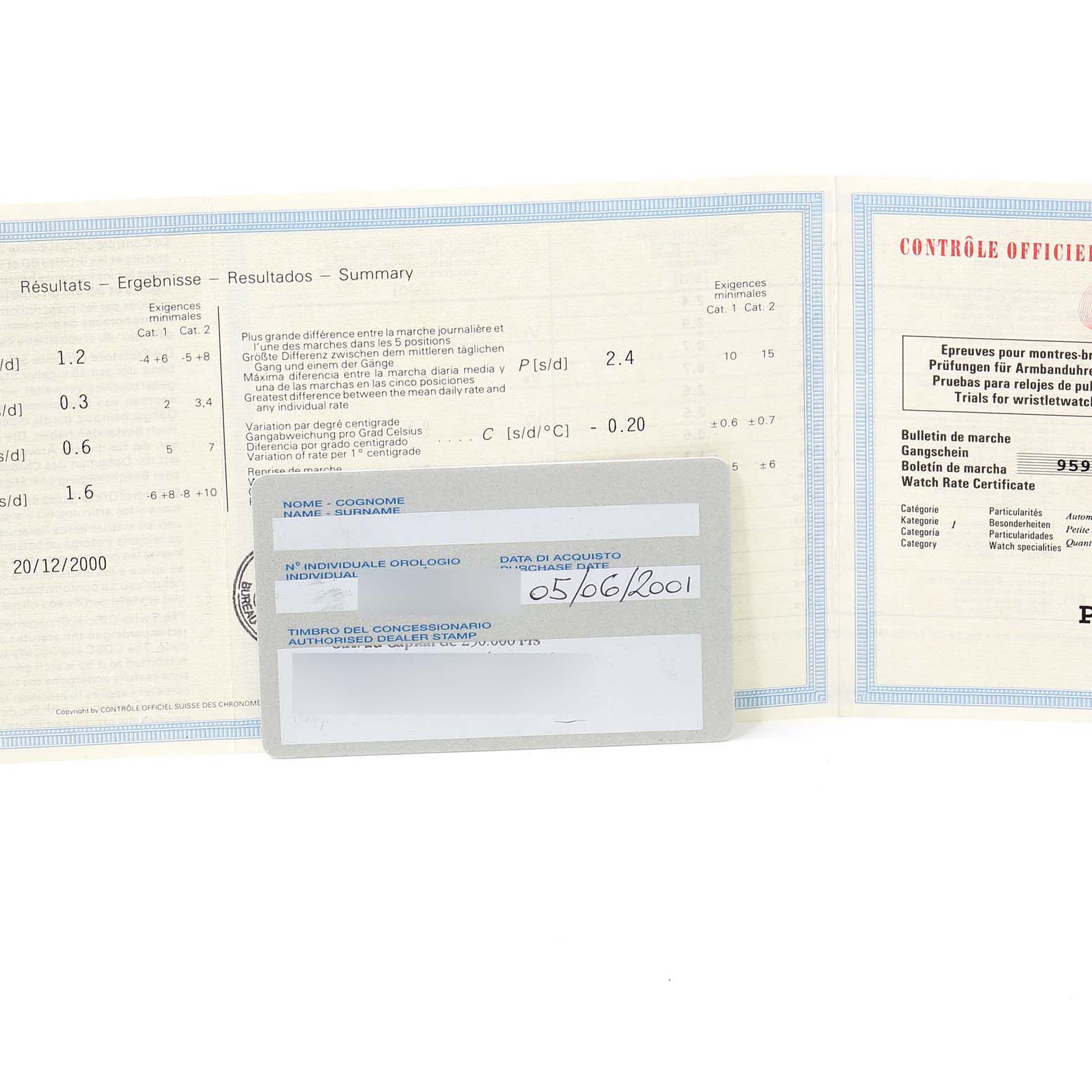 This image shows certificates and paperwork for a Panerai Submersible PAM00024 Men's Stainless Steel Black Dial PAM00024 Men's Stainless Steel Black Dial watch, including a purchase date of 05/06/2001.