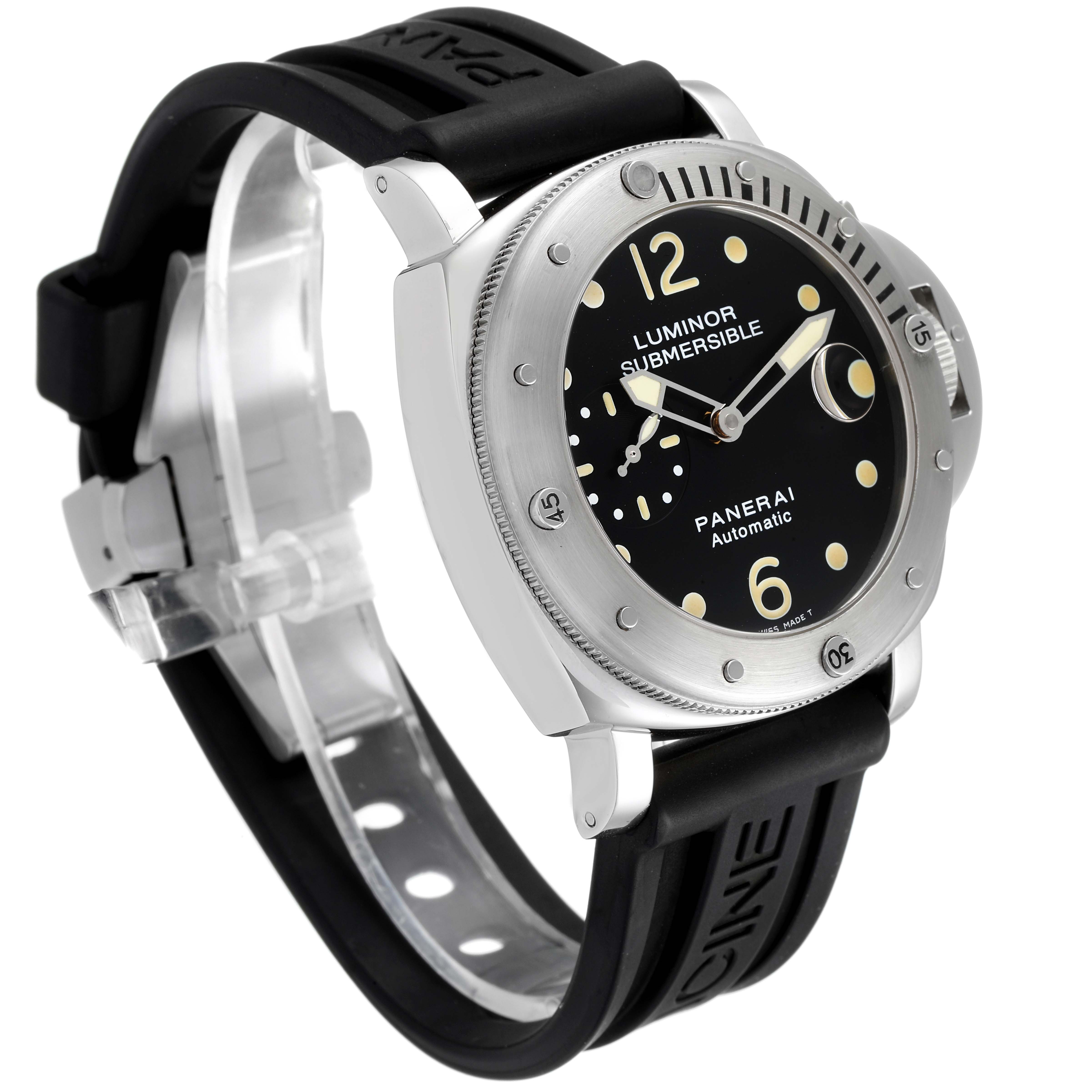 The Panerai Submersible PAM00024 Men's Stainless Steel Black Dial PAM00024 Men's Stainless Steel Black Dial watch is shown from a front-left angle, highlighting the dial, bezel, and rubber strap.