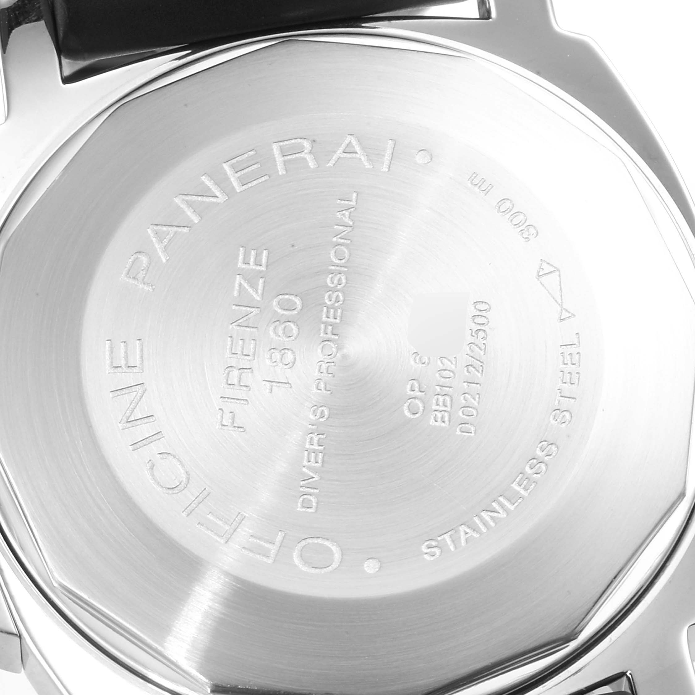 The image shows the back case of a Panerai Submersible PAM00024 Men's Stainless Steel Black Dial PAM00024 Men's Stainless Steel Black Dial watch, highlighting engravings and specifications.
