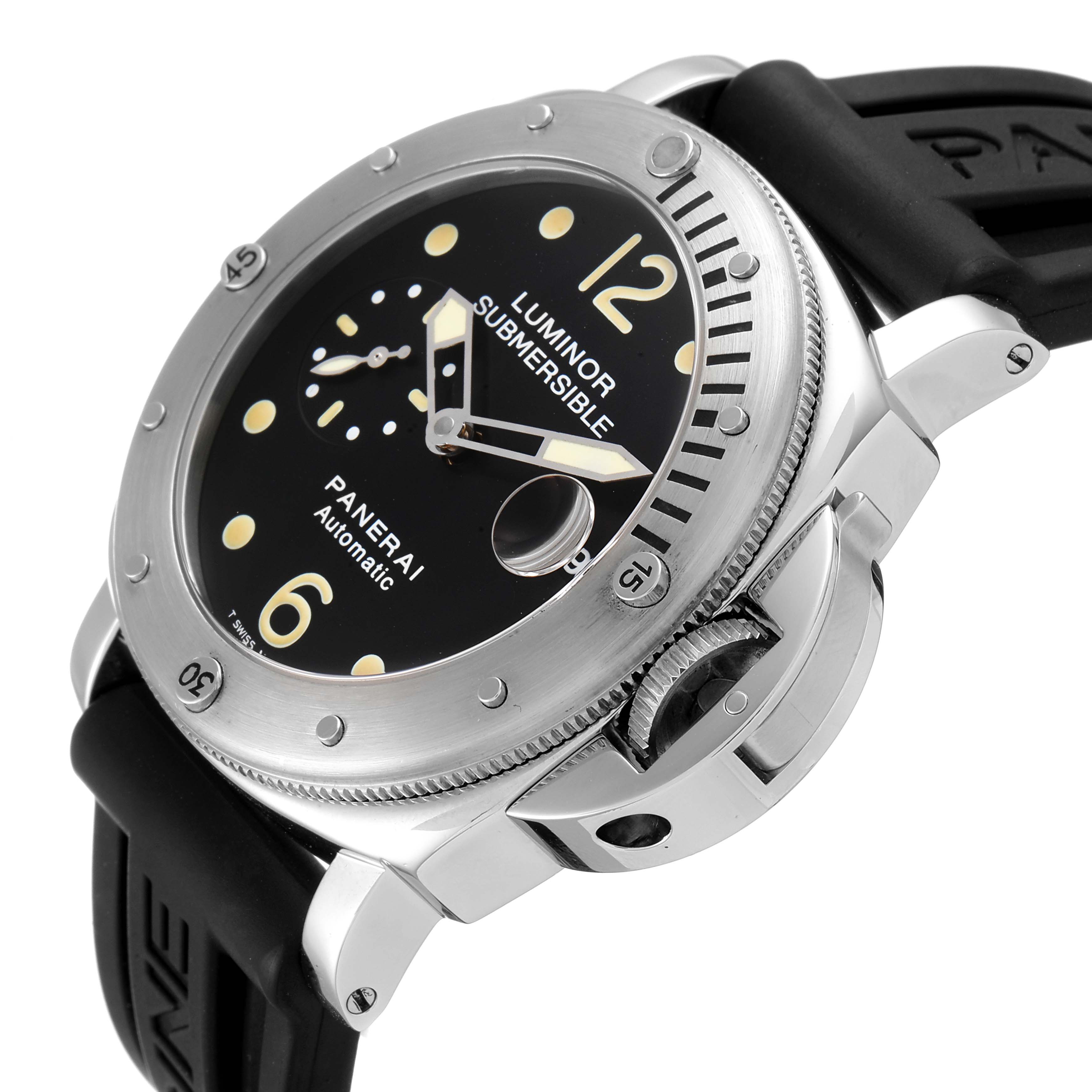 The image shows a Panerai Luminor Submersible watch at an angle highlighting the dial, bezel, case, and part of the strap.